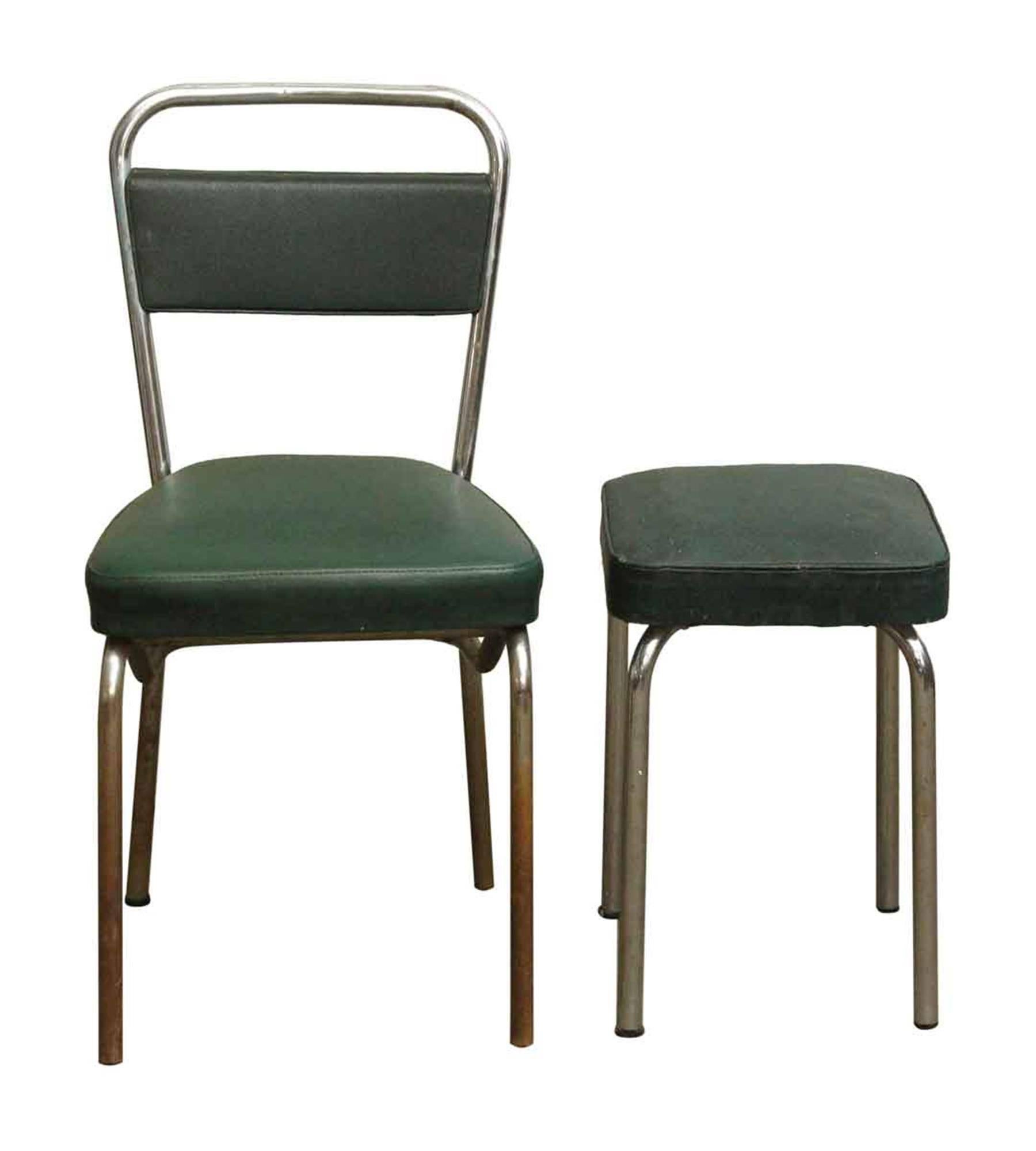 1970s Strafor dark green chairs with matching green stools and a chrome base. Shows some wear. Priced as a four piece set. Please note, this item is located in our Los Angeles location.