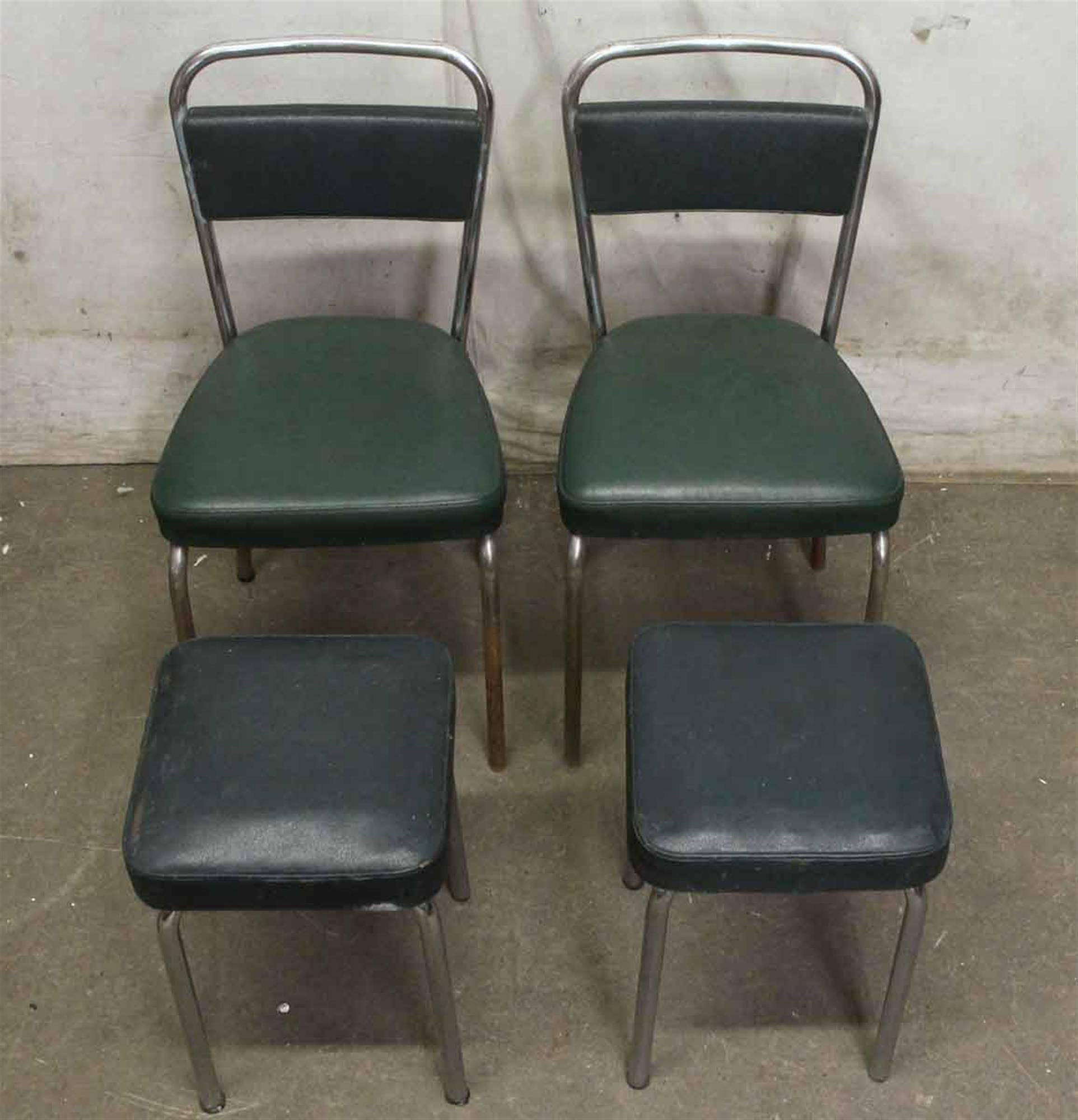French Strafor Dark Green and Chrome Chair and Stool Set In Good Condition For Sale In New York, NY