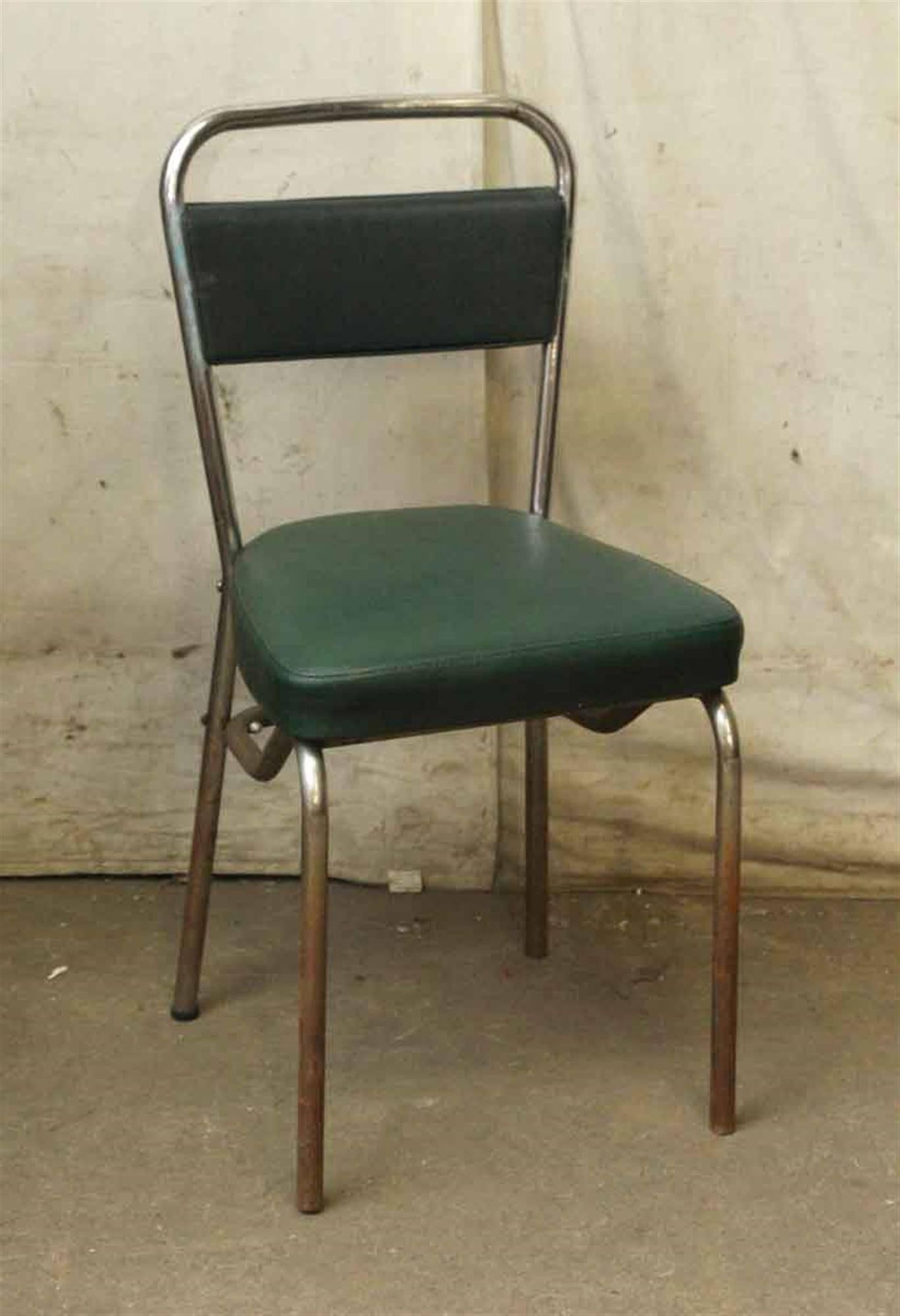 Metal French Strafor Dark Green and Chrome Chair and Stool Set For Sale