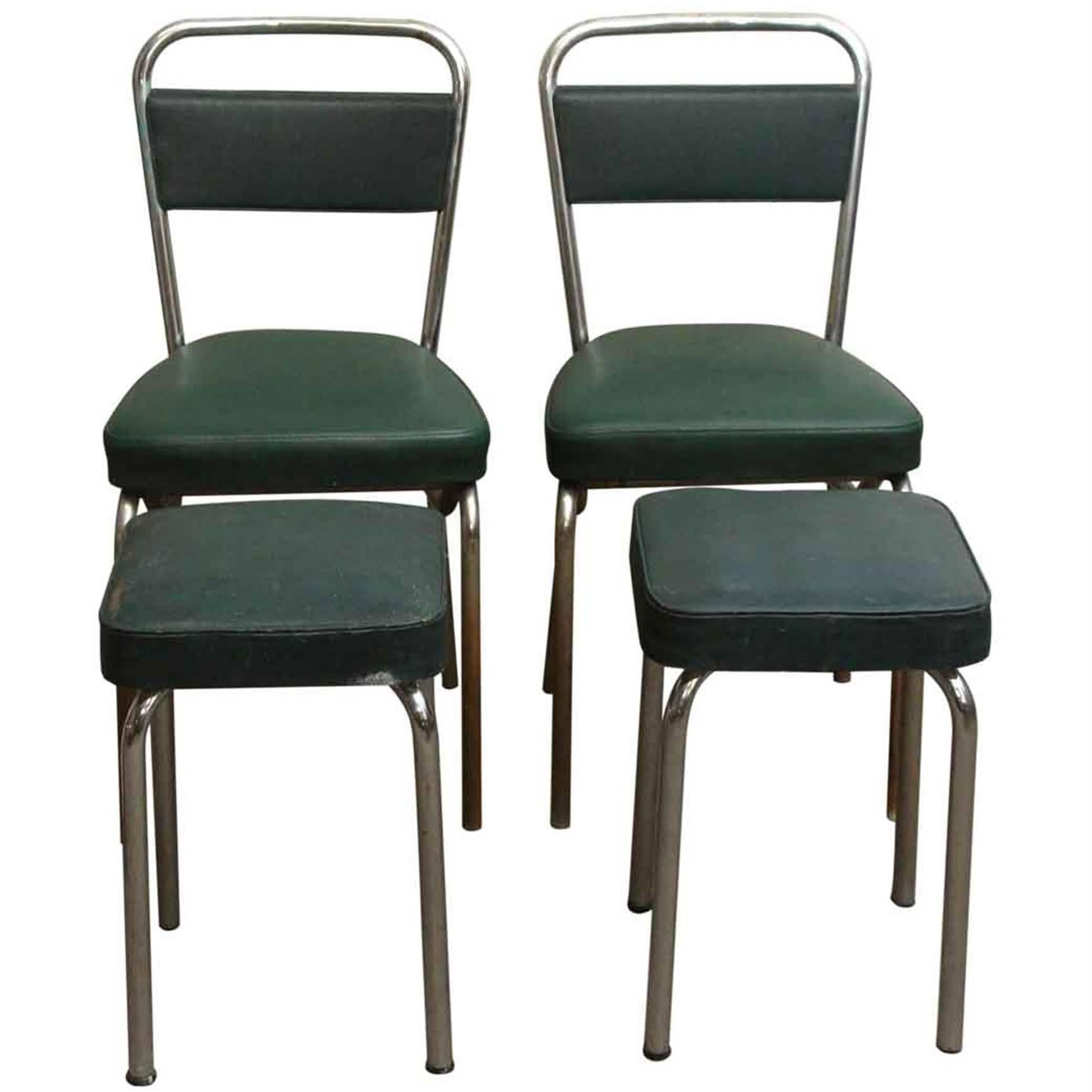 French Strafor Dark Green and Chrome Chair and Stool Set