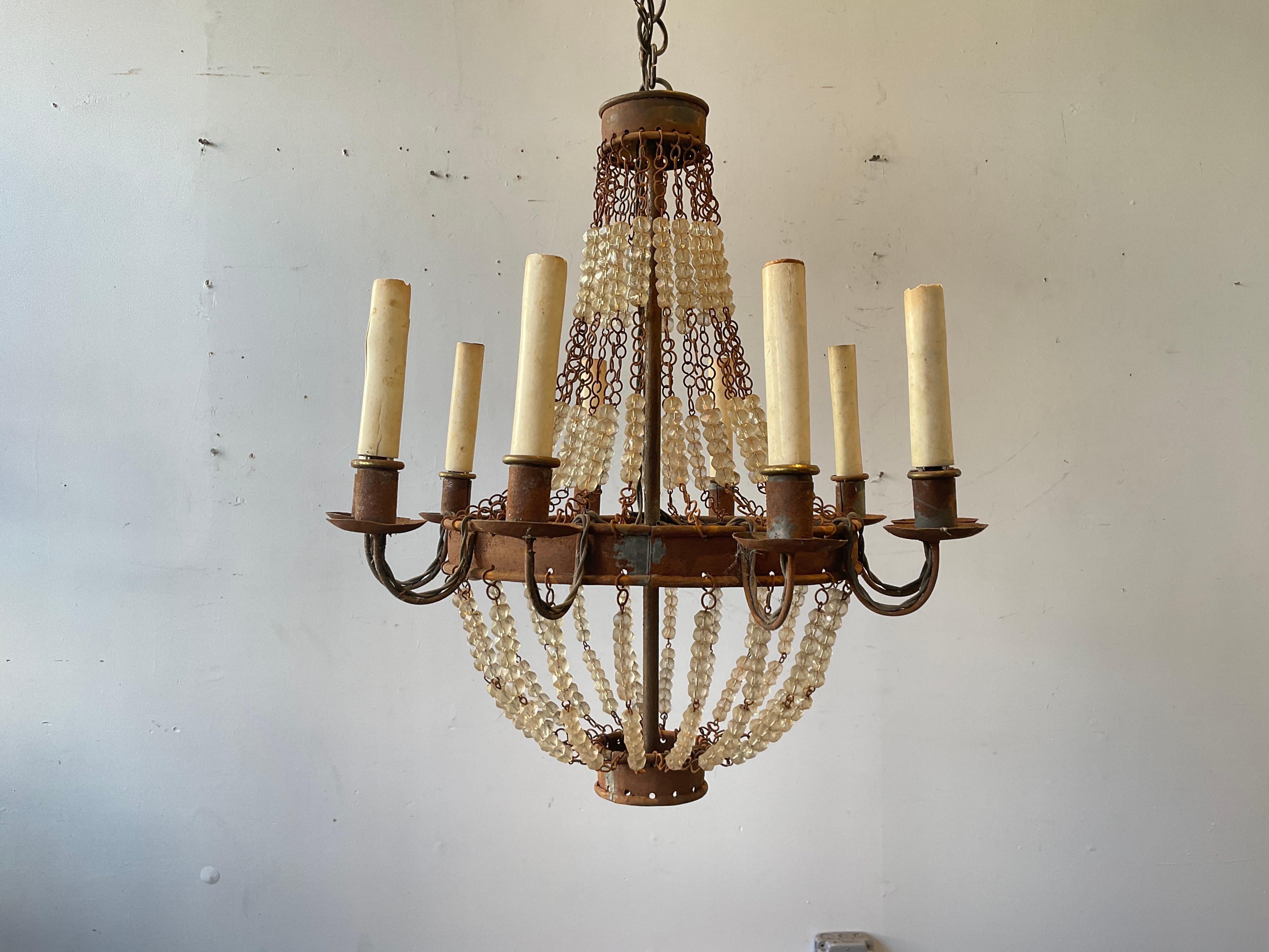 1970s French style rusted metal beaded chandelier.