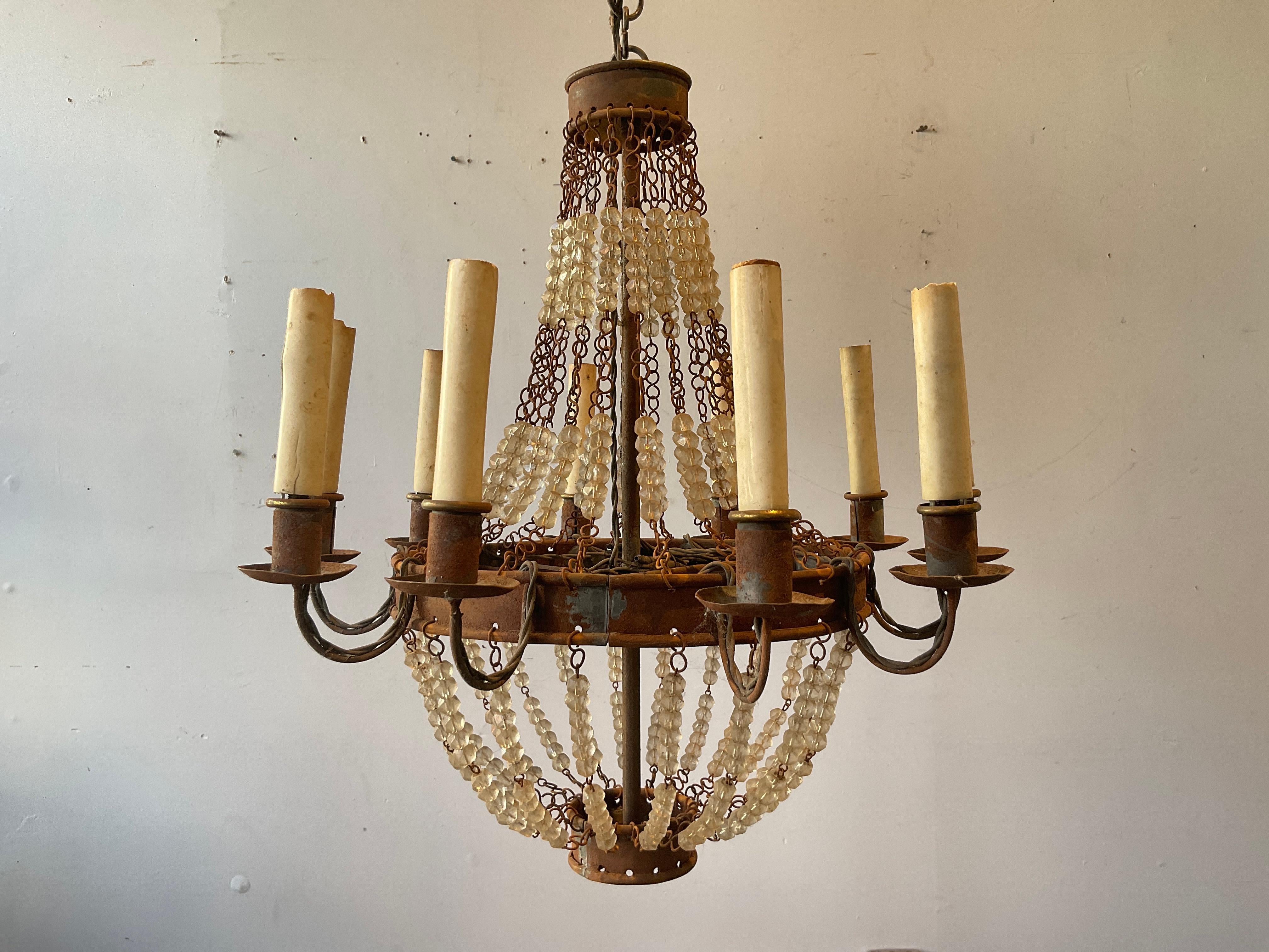 1970s French Style Beaded Rusted Metal Chandelier In Good Condition For Sale In Tarrytown, NY