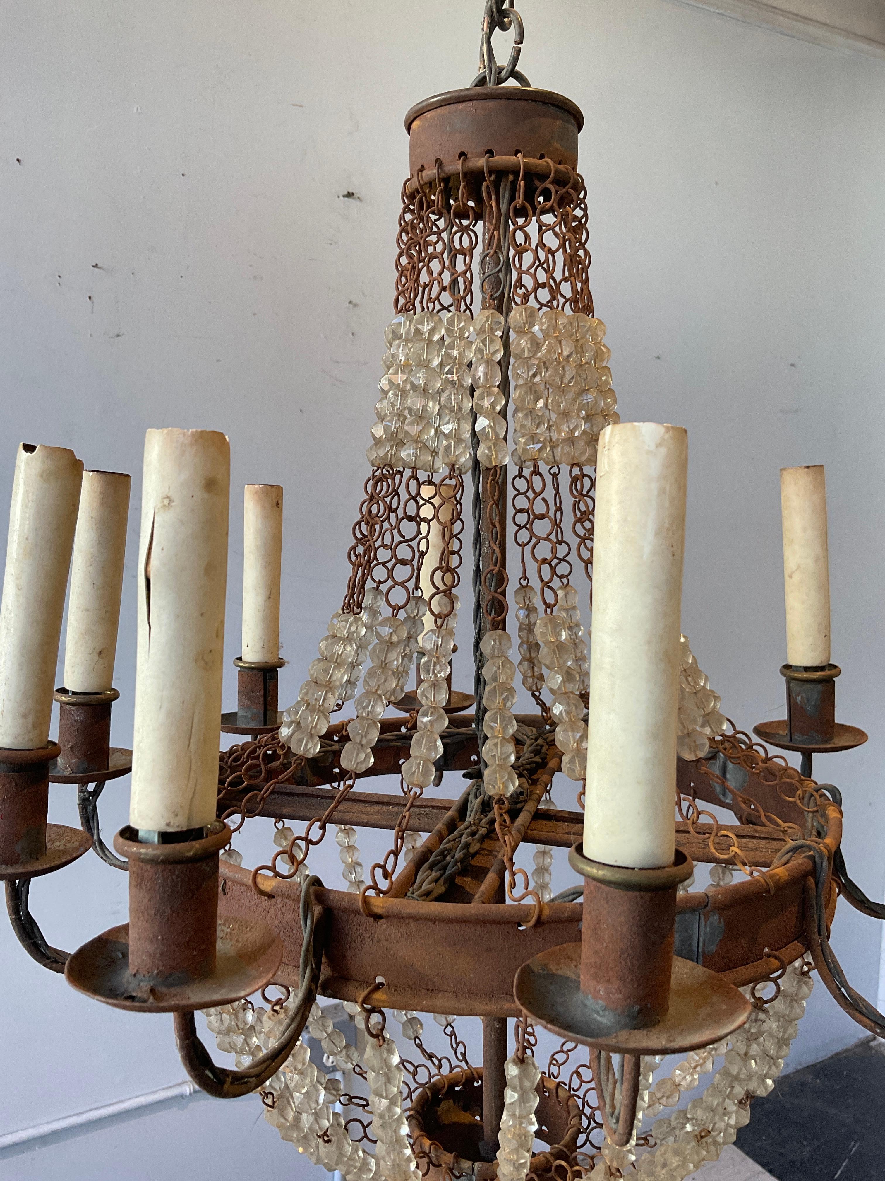 Late 20th Century 1970s French Style Beaded Rusted Metal Chandelier For Sale