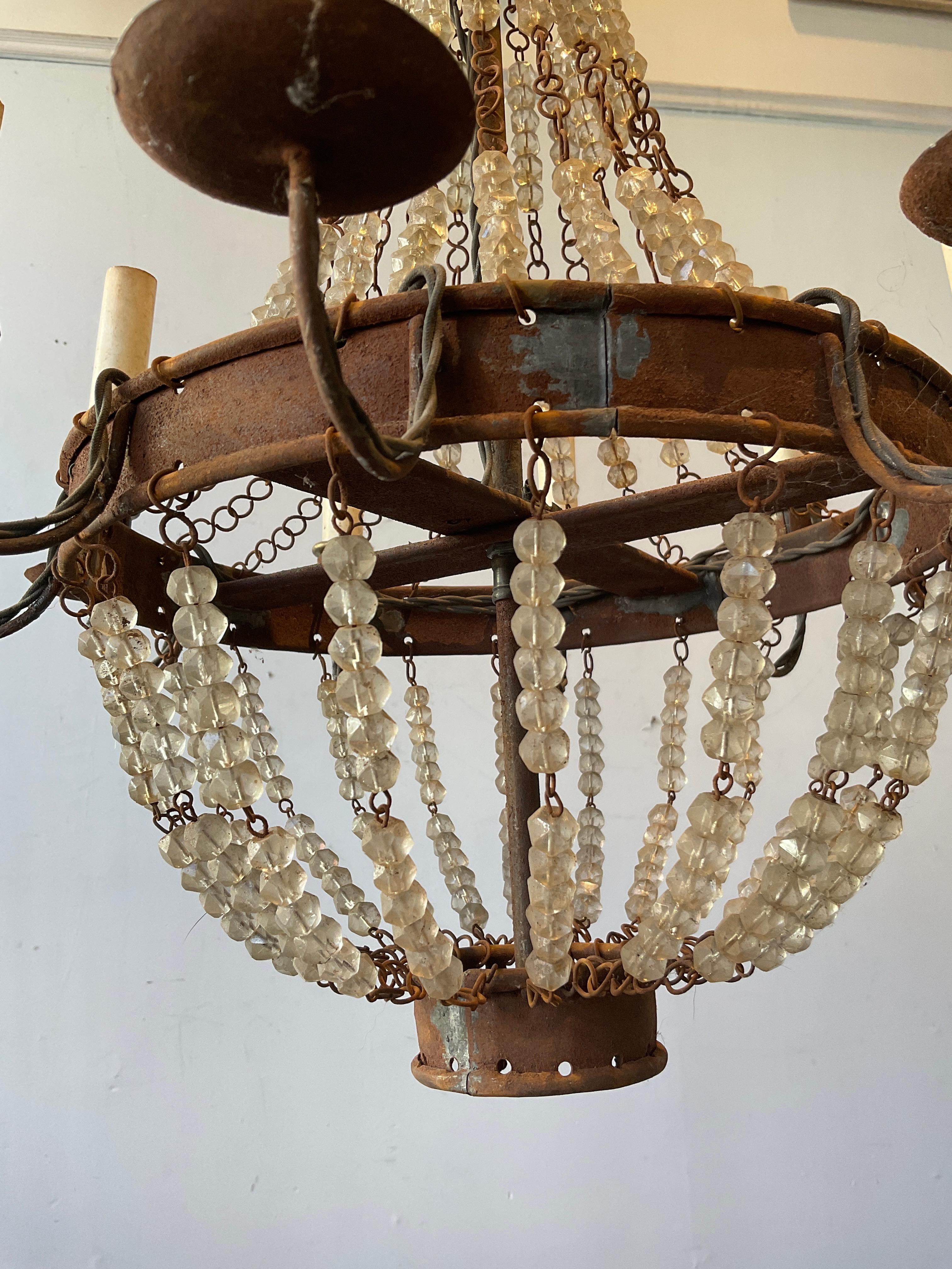 1970s French Style Beaded Rusted Metal Chandelier For Sale 1