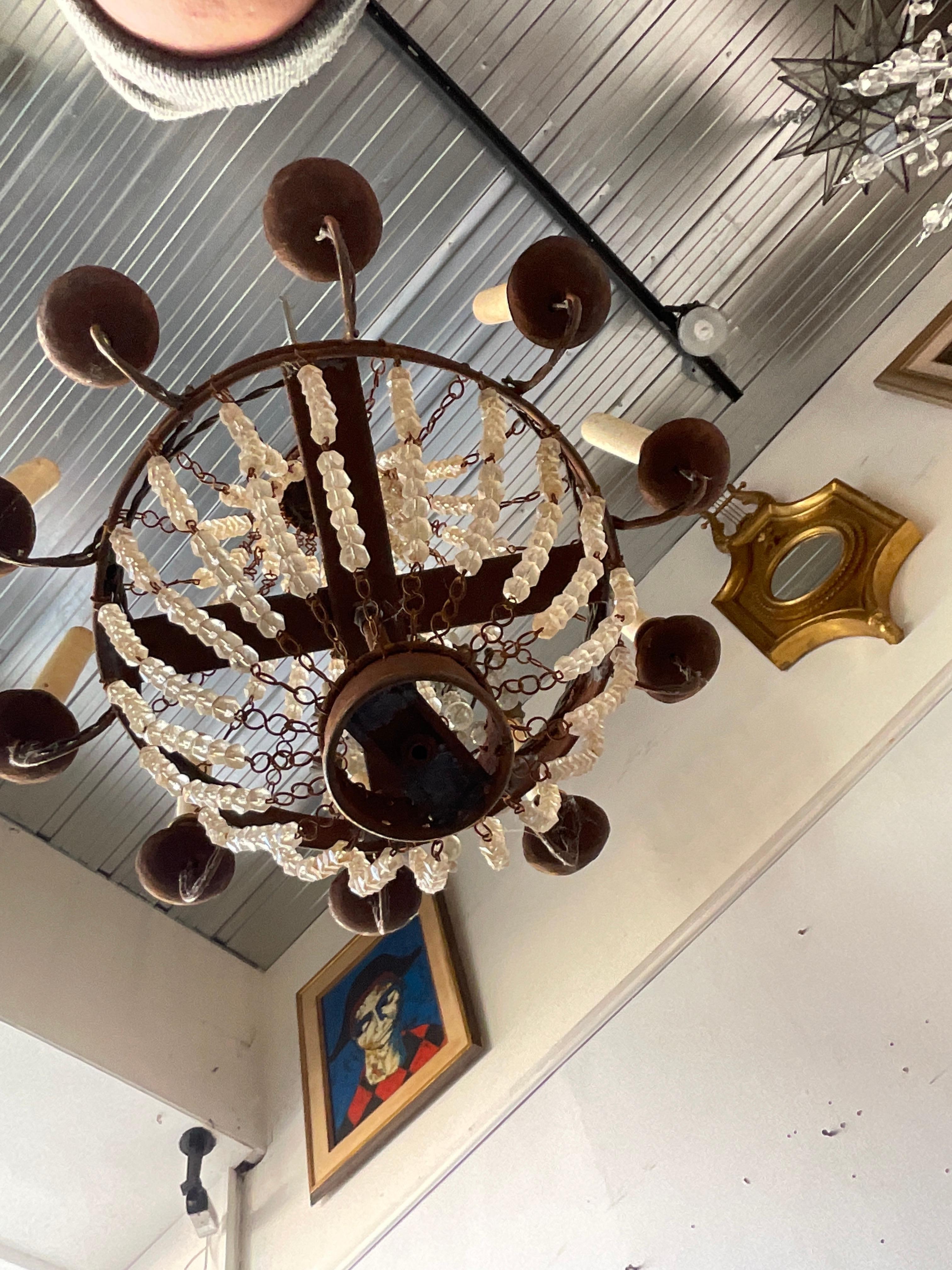1970s French Style Beaded Rusted Metal Chandelier For Sale 3