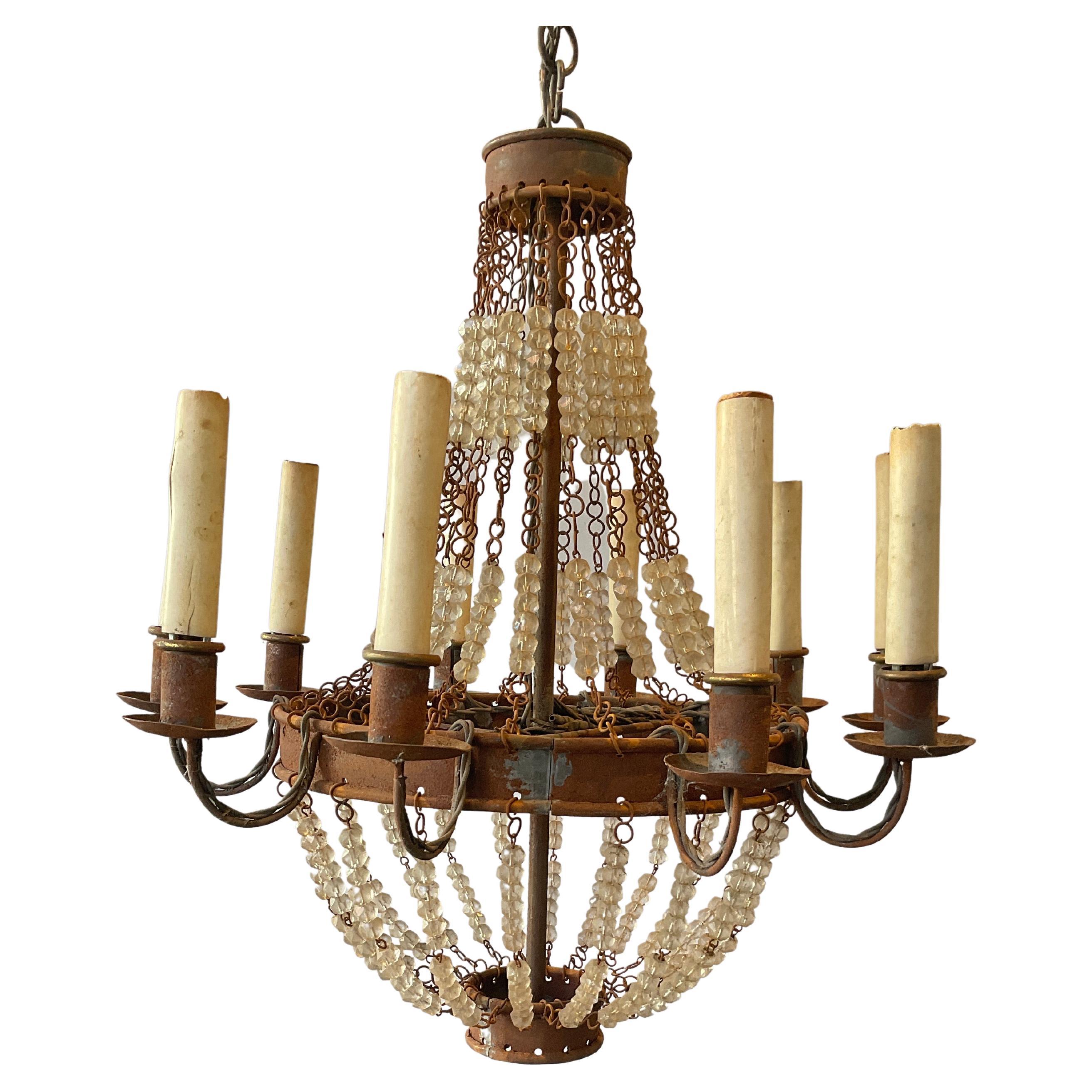 1970s French Style Beaded Rusted Metal Chandelier