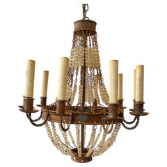 Retro 1970s French Style Beaded Rusted Metal Chandelier