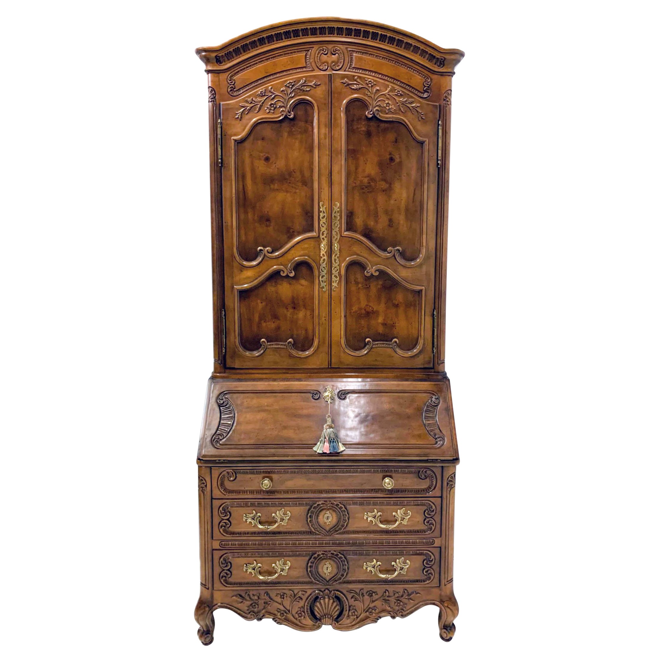 1970s French Style Burl Walnut Secretary Cabinet by Henredon