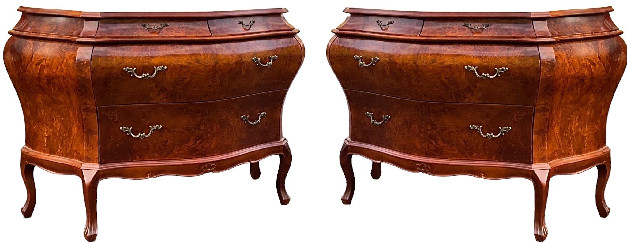 This is a pair of Italian burlwood serpentine chests with French styling. They have paper lined drawers, and are marked on the backs. They are in very good condition.

My shipping is for the Continental US only, and it can take two to five weeks.