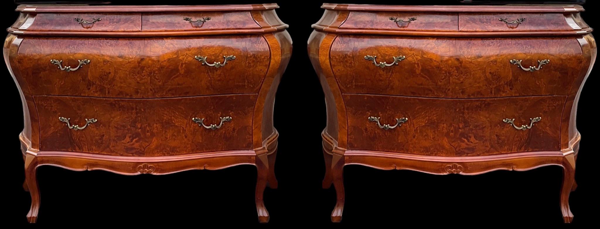 Louis XIV 1970s French Style Italian Burlwood And Brass Commodes / Chest Of Drawers - Pair For Sale