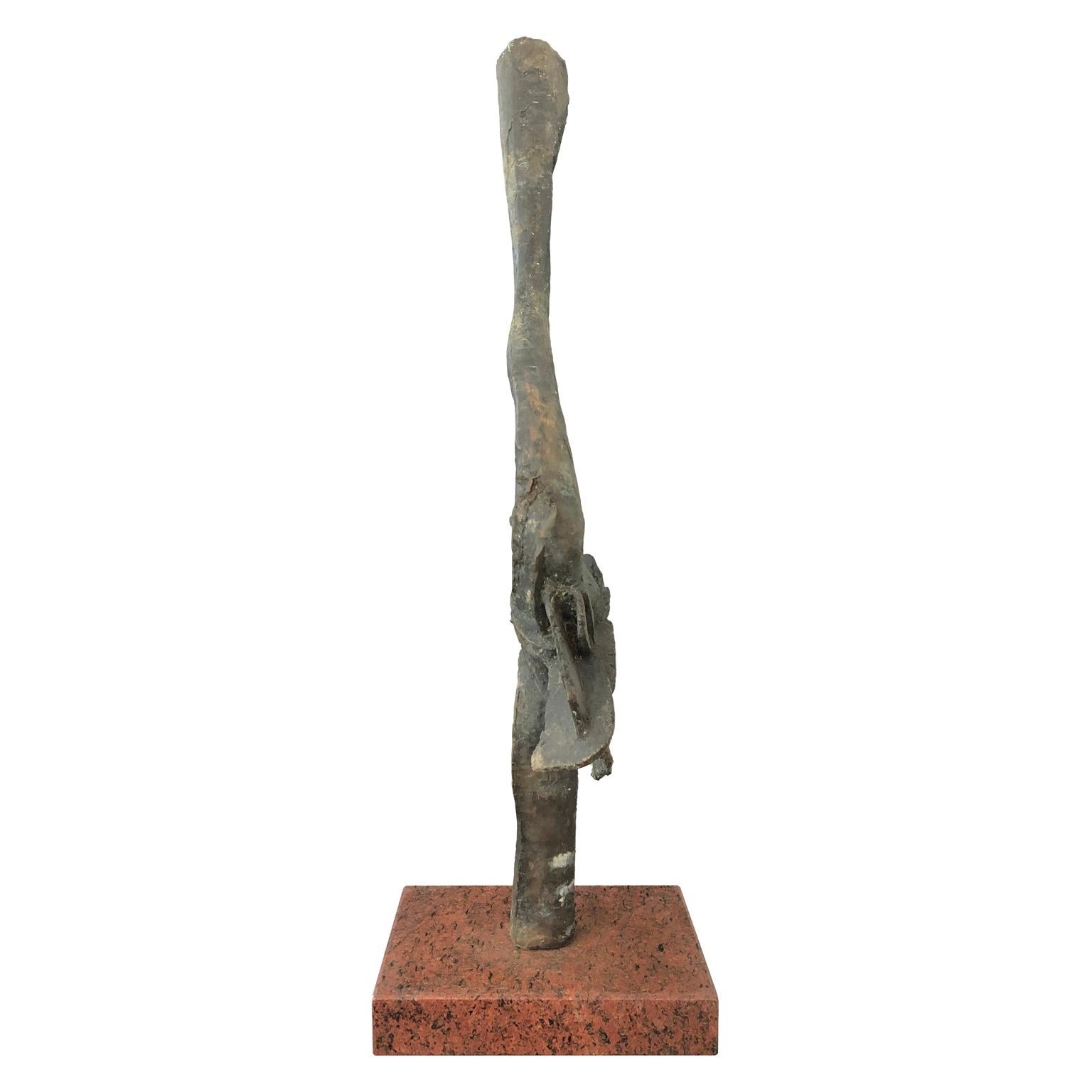 1970s French Tall Abstract Bronze Sculpture on Rectangular Stone Base For Sale 1