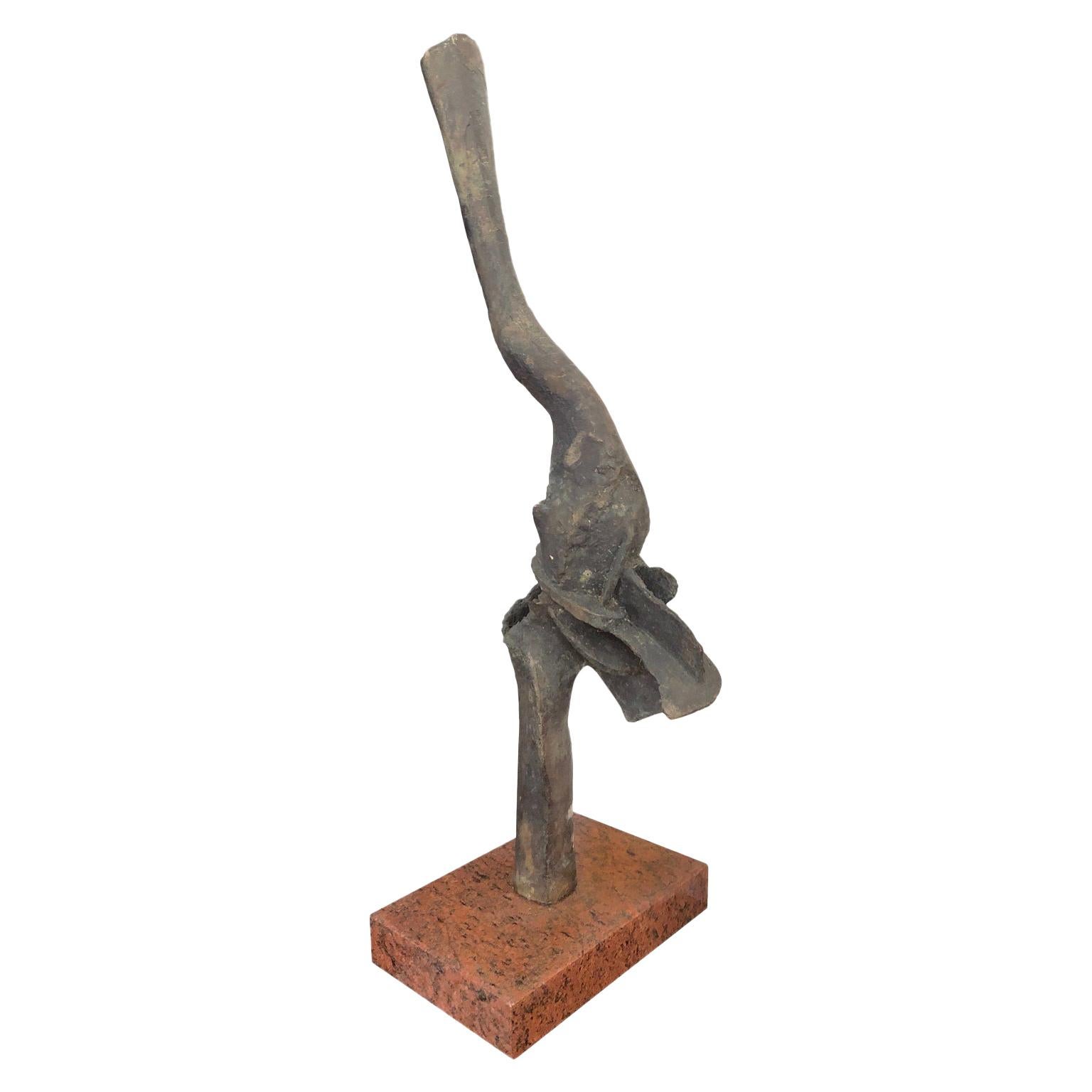 1970s French Tall Abstract Bronze Sculpture on Rectangular Stone Base For Sale