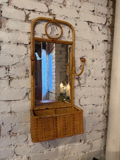 1970s French Tortoise Bamboo Wall Organizer with Mirror and Hooks