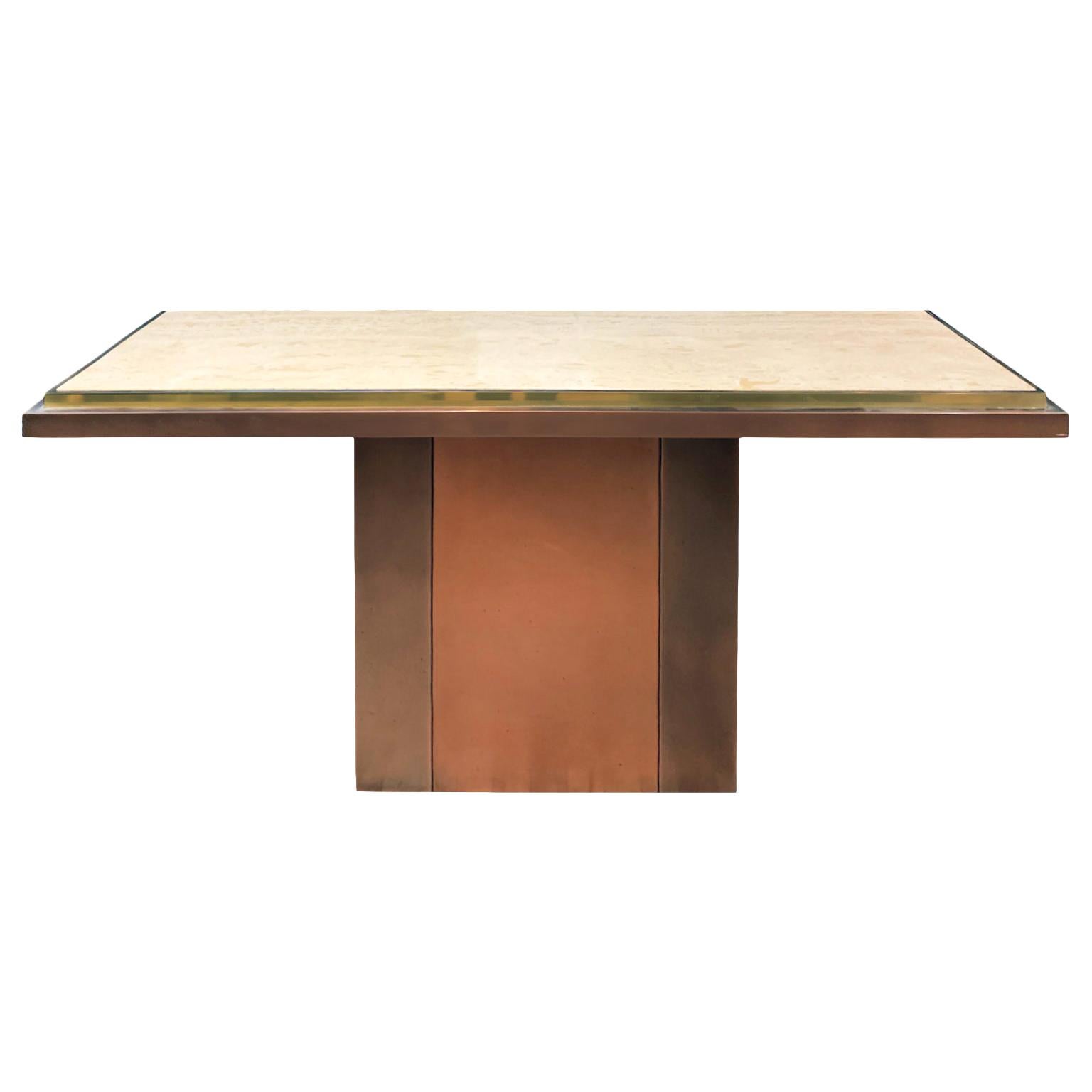 1970s French Travertine and Copper Console with Brass Detail