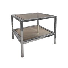 1970s French Two-Tier Brass and Chrome Square Side Tables with Smoked Glass