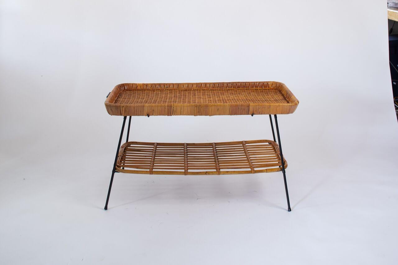 1970s French two-tier rattan table with removable tray.