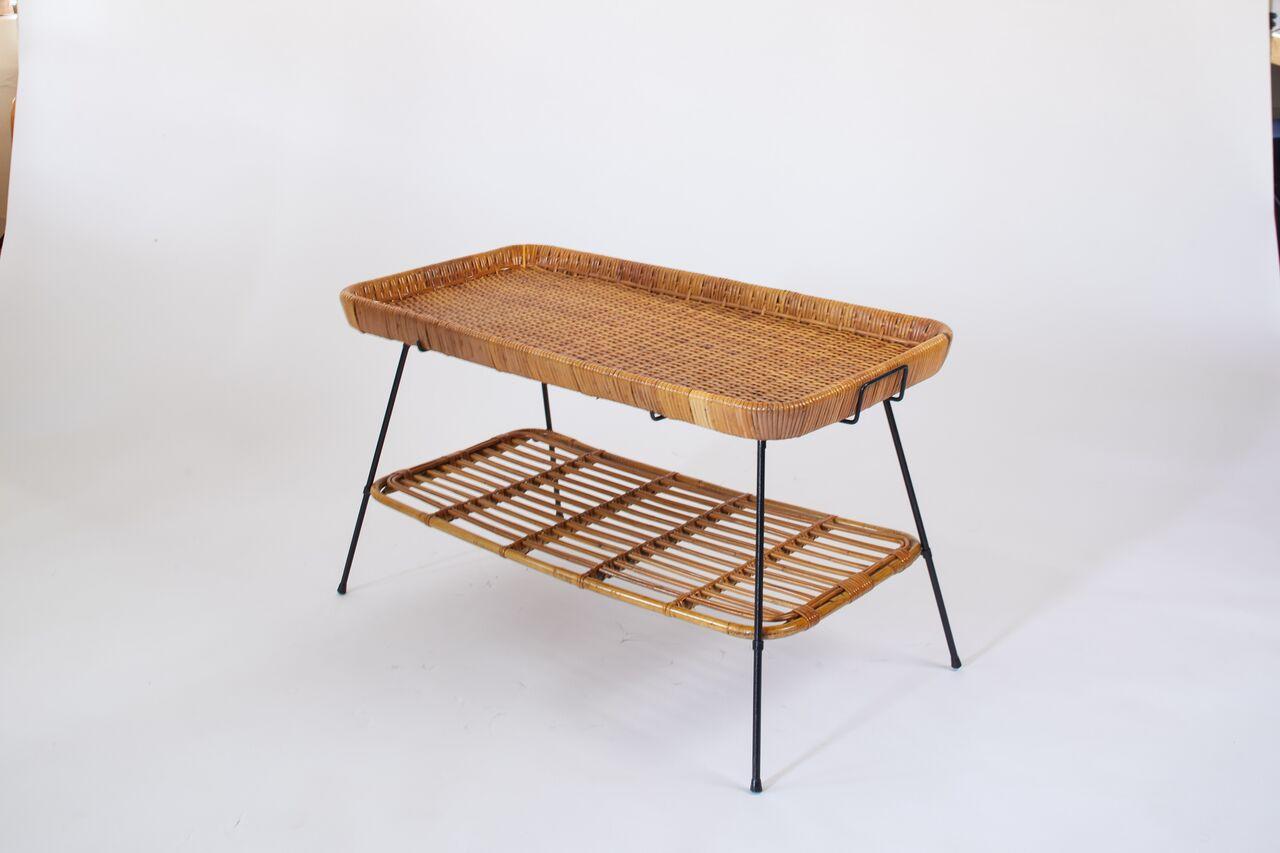 Late 20th Century 1970s French Two-Tier Rattan and Iron Coffee Table with Removable Tray