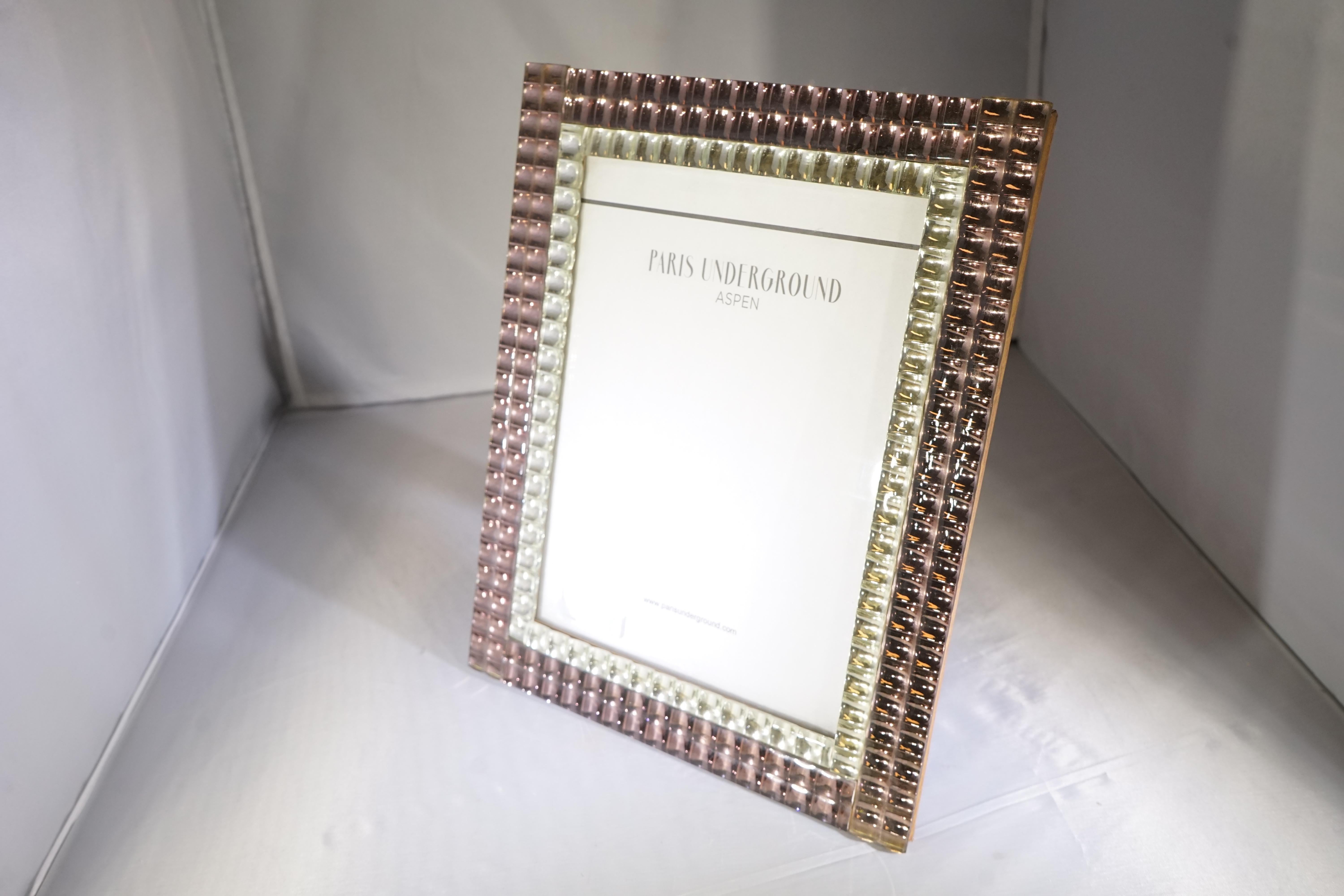 1970s French two-tone mirrored picture frame featuring blush and crystal mirrors along the frame.