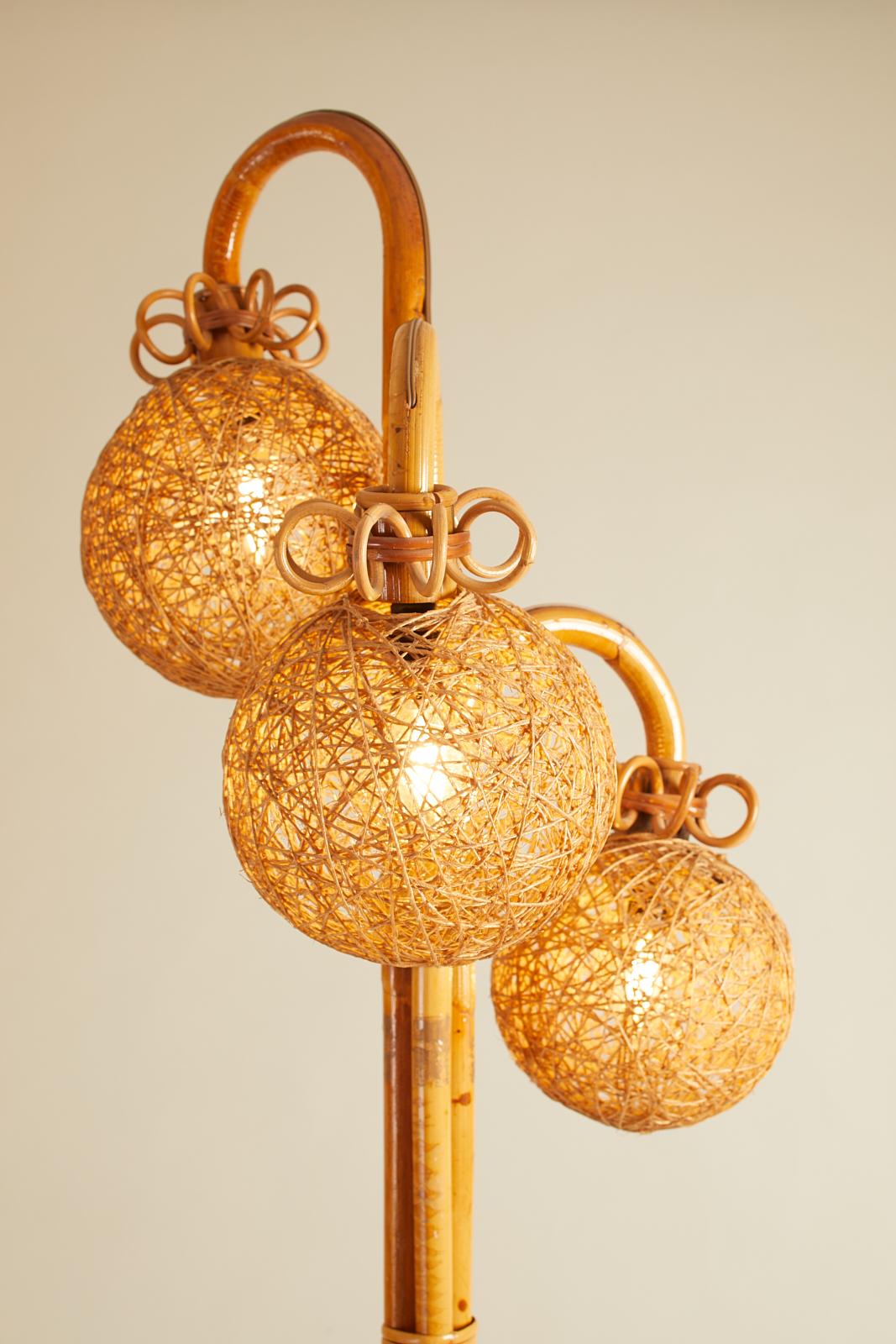 Late 20th Century 1970s French Unique Bamboo Floor Lamp with Three Mesh Circular Pendants