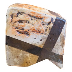 1970s French Unique Pottery Sculpture in Beige with Brown & Orange Accents