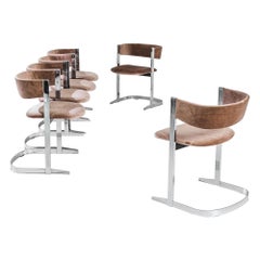 1970s French Upholstered Chrome Dining Chairs, Set of Six