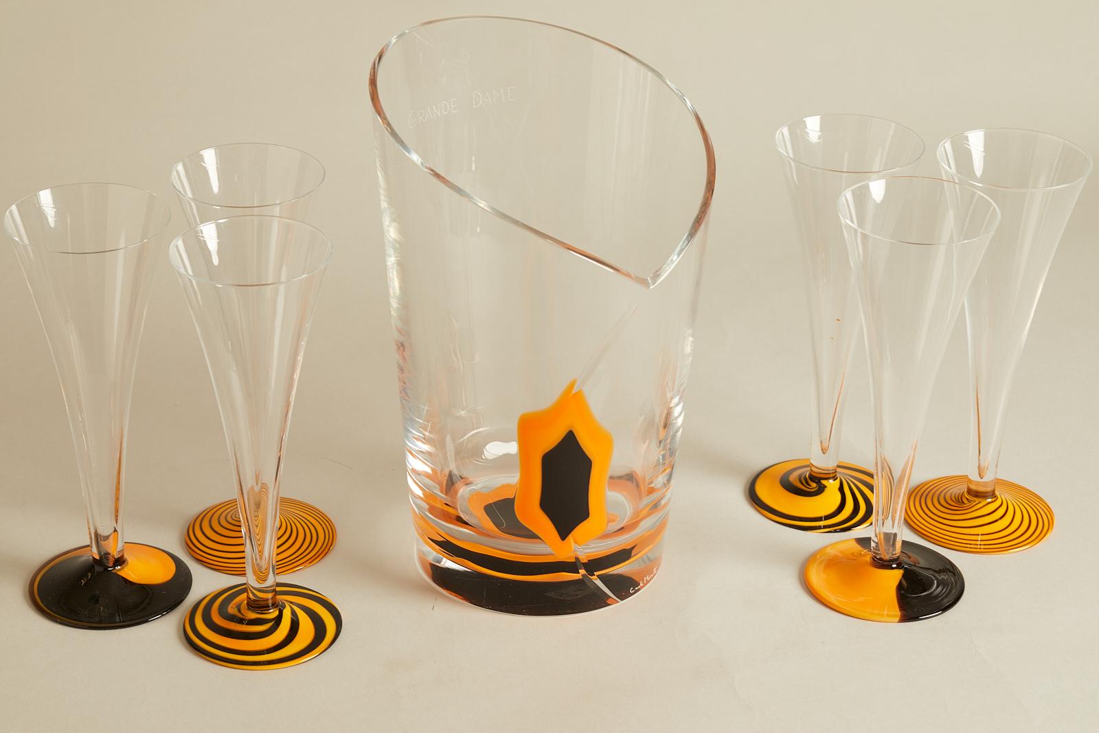 Mid-Century Modern 1970s French Veuve Clicqout Murano Glass Ice Bucket and Flutes