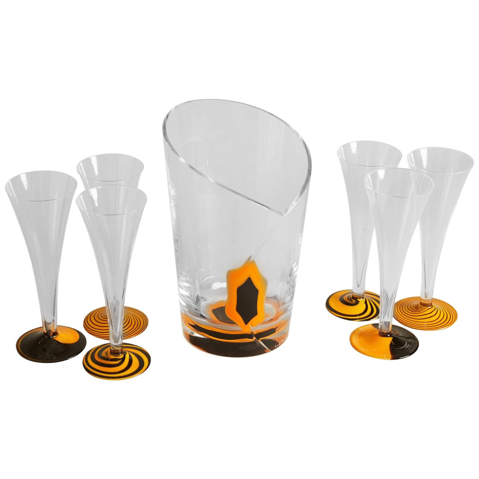 1970s French Veuve Clicqout Murano Glass Ice Bucket and Flutes
