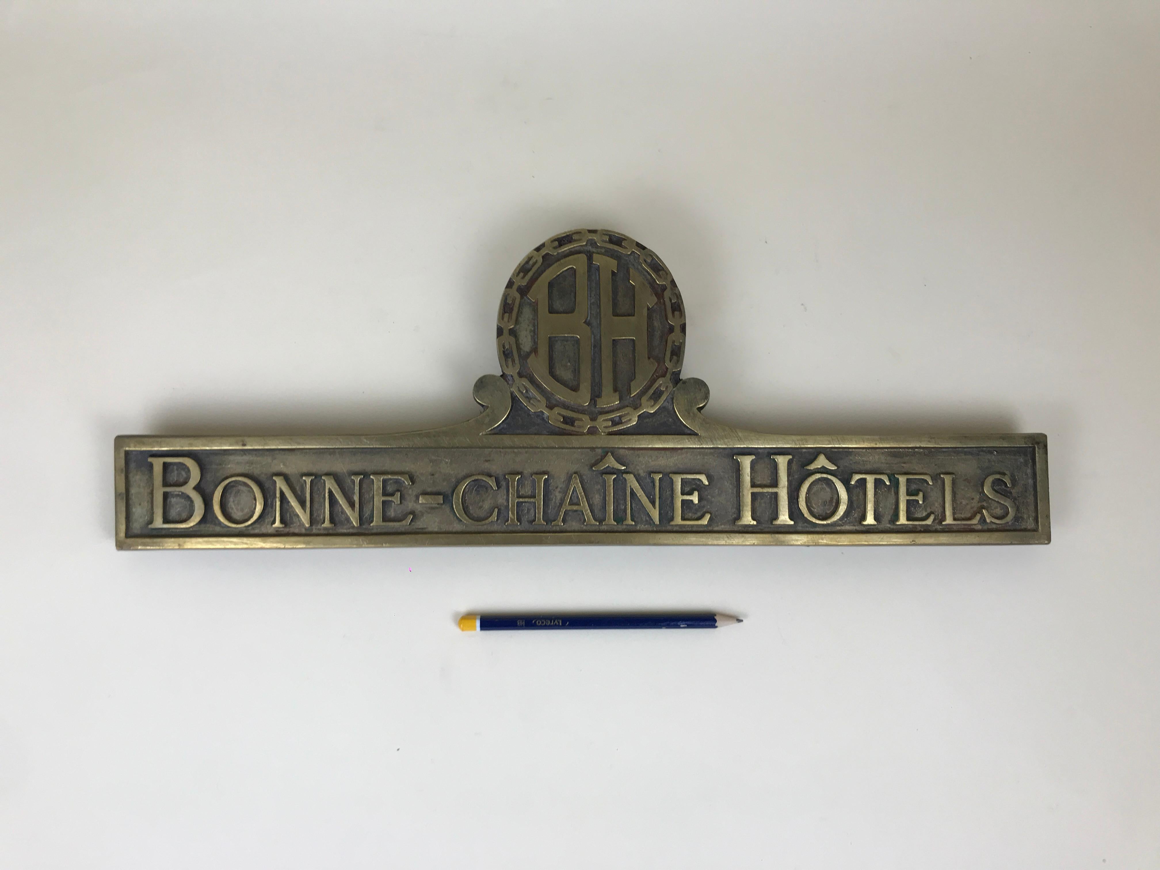 1970s French vintage Bonne-Chaîne Hôtels brass plaque.