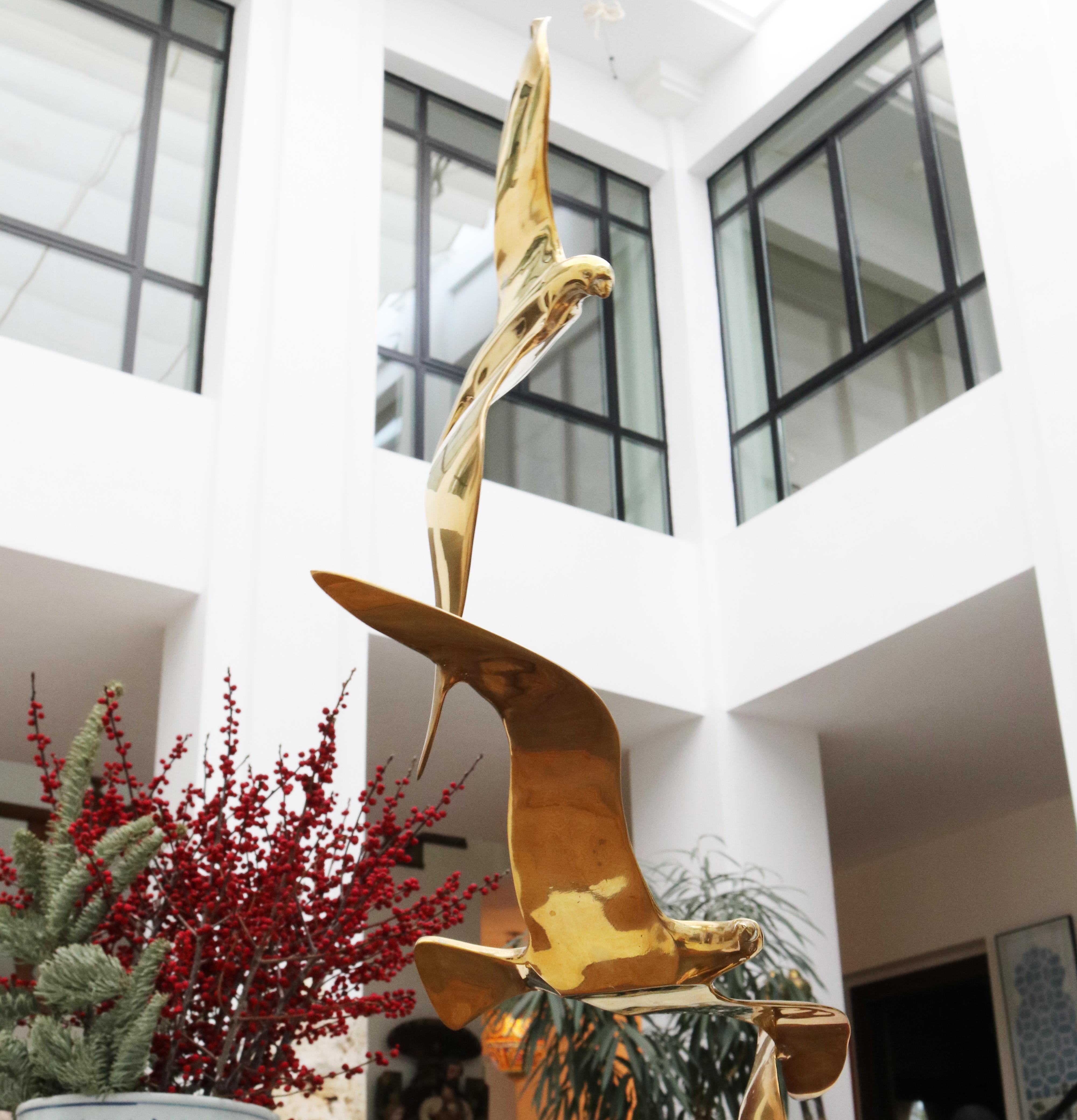Scultura a tre uccelli in ottone vintage francese degli anni '70 con base in onice in vendita 6