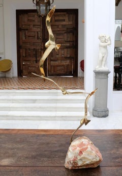 1970s French Vintage Brass Three-Bird Sculpture with Onyx Base