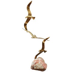 1970s French Vintage Brass Three-Bird Sculpture with Onyx Base