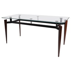 1970s French Walnut, Metal, and Glass Console