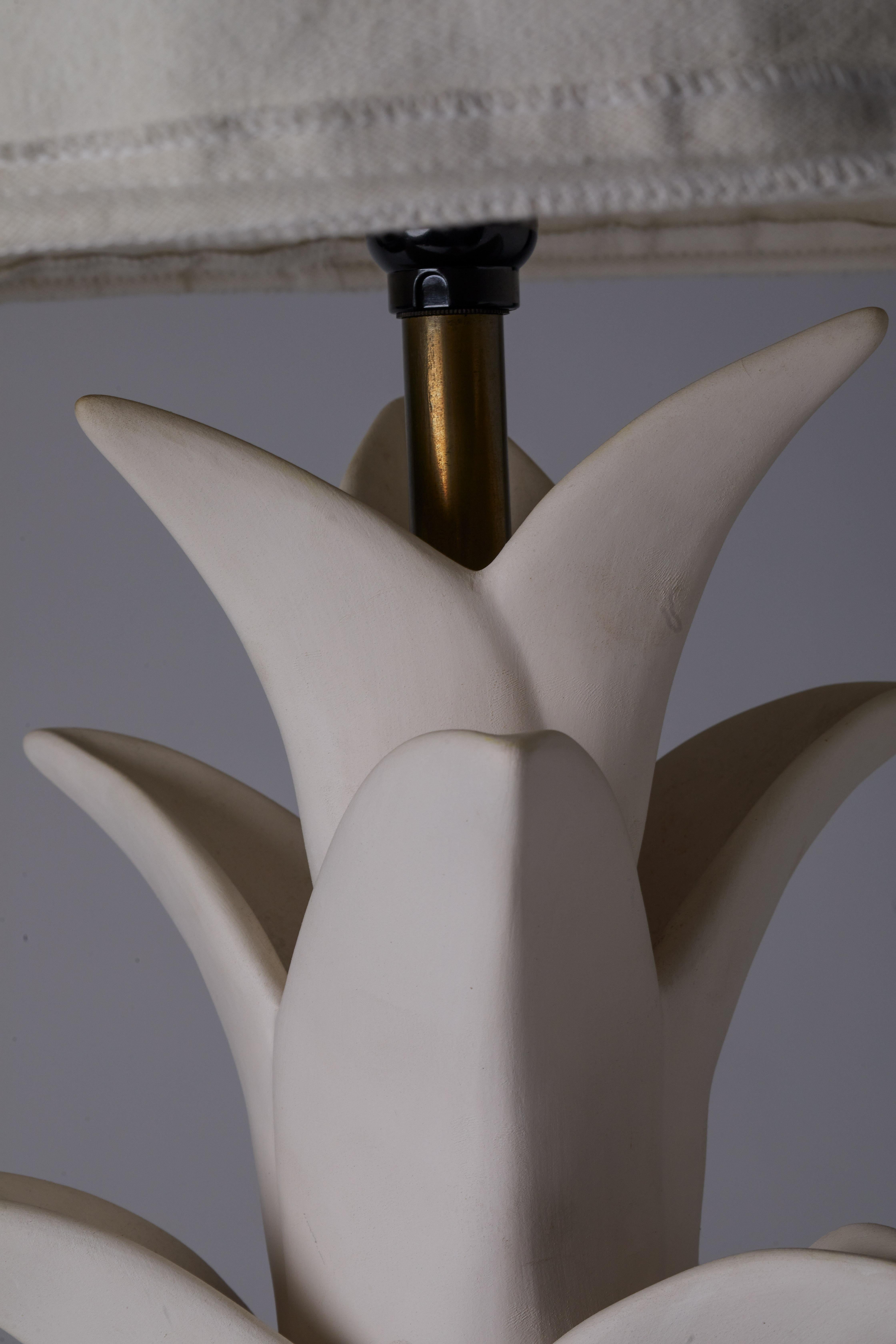 European 1970s French White Glazed Botanical Design Pottery Lamp with Custom Lampshade