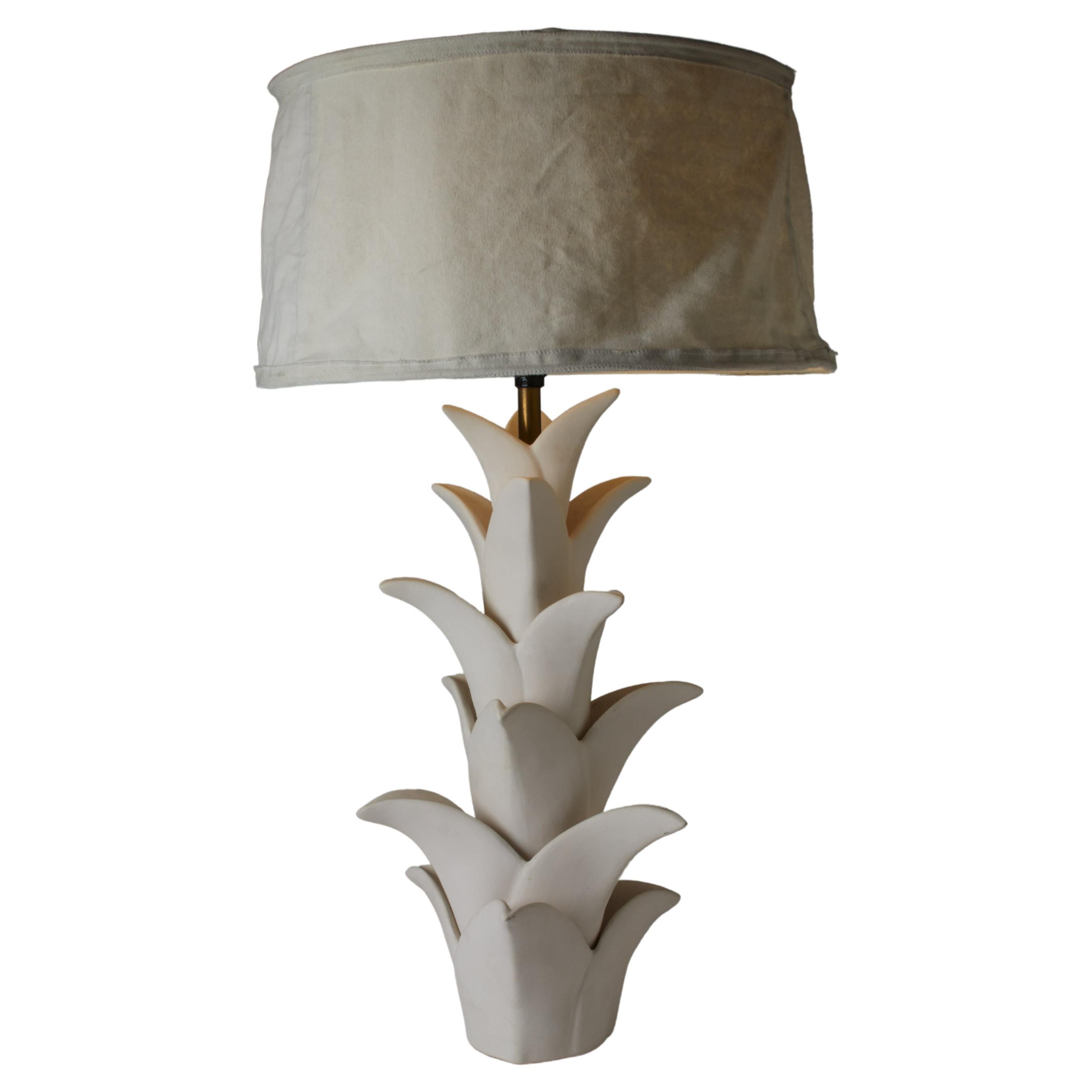 1970s French White Glazed Botanical Design Pottery Lamp with Custom Lampshade