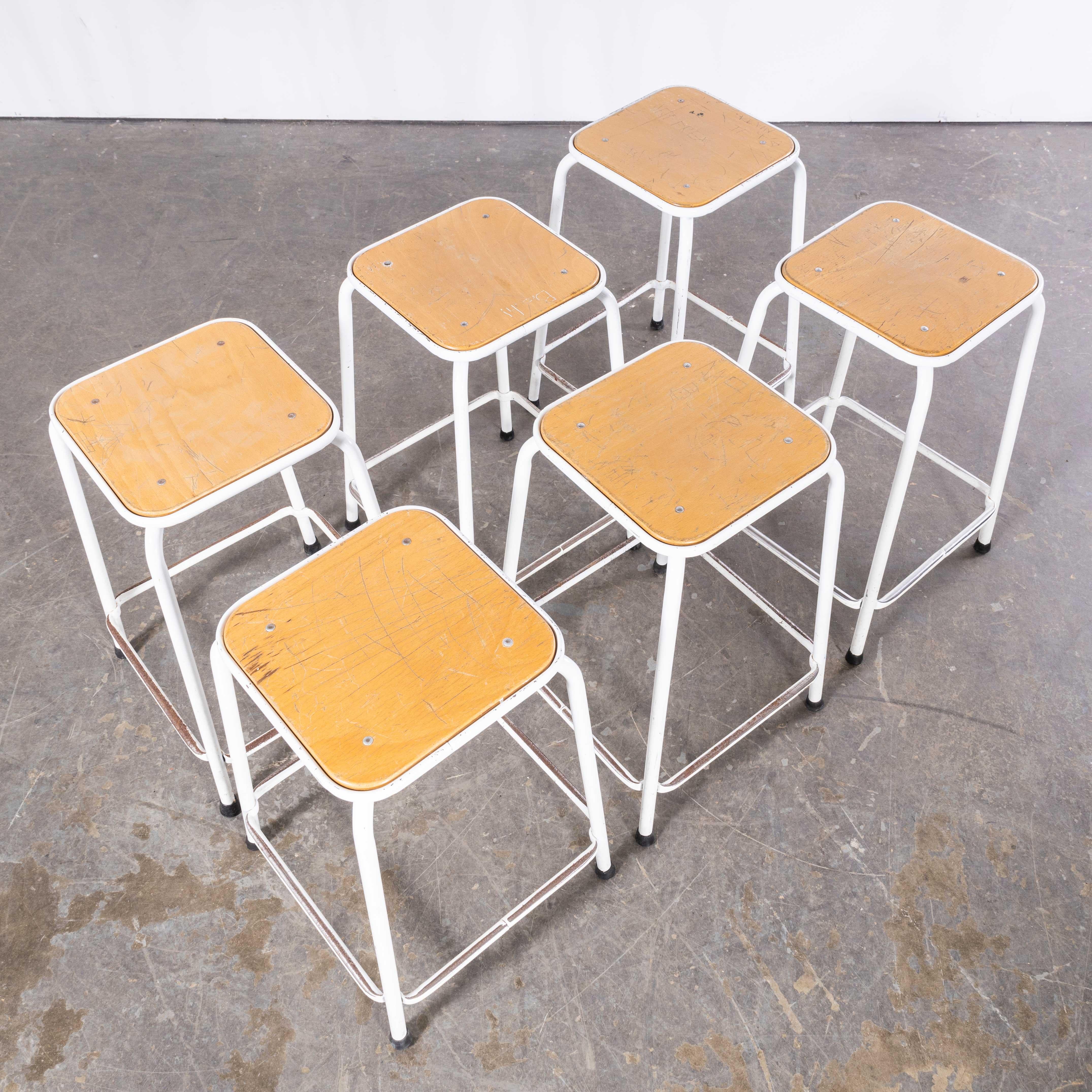 1970’s French White Laboratory Stools – Set Of Six
1970’s French White Laboratory Stools – Set Of Six. Good honest lab stools, heavy steel frames with solid heavy birch ply seats. We clean them and check all fixings, they are good to go. Seat Height
