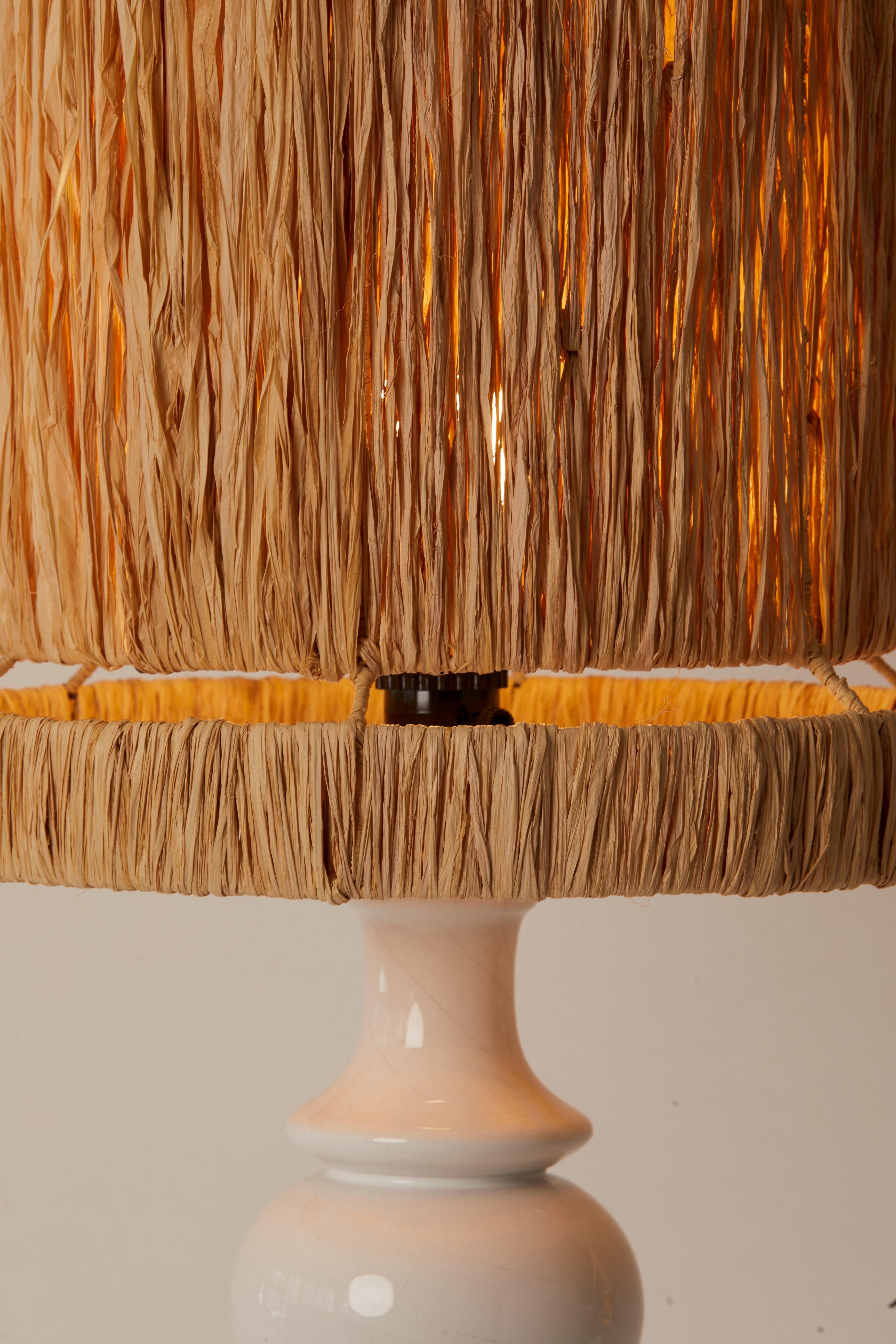 1970s French White Pottery Lamp with Raffia Shade In Good Condition In Aspen, CO