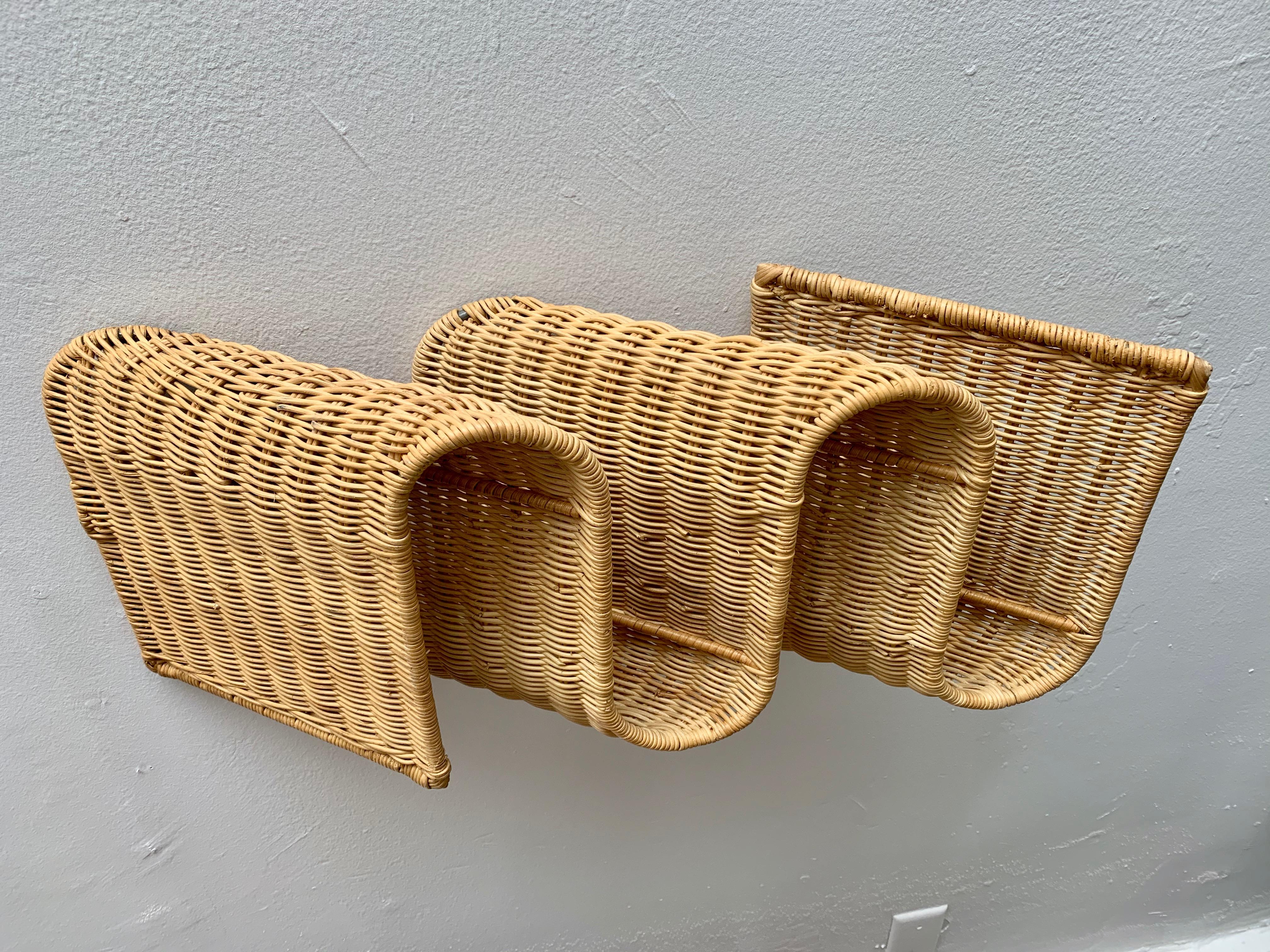 Late 20th Century 1970s French Wicker and Rattan Wall Shelf
