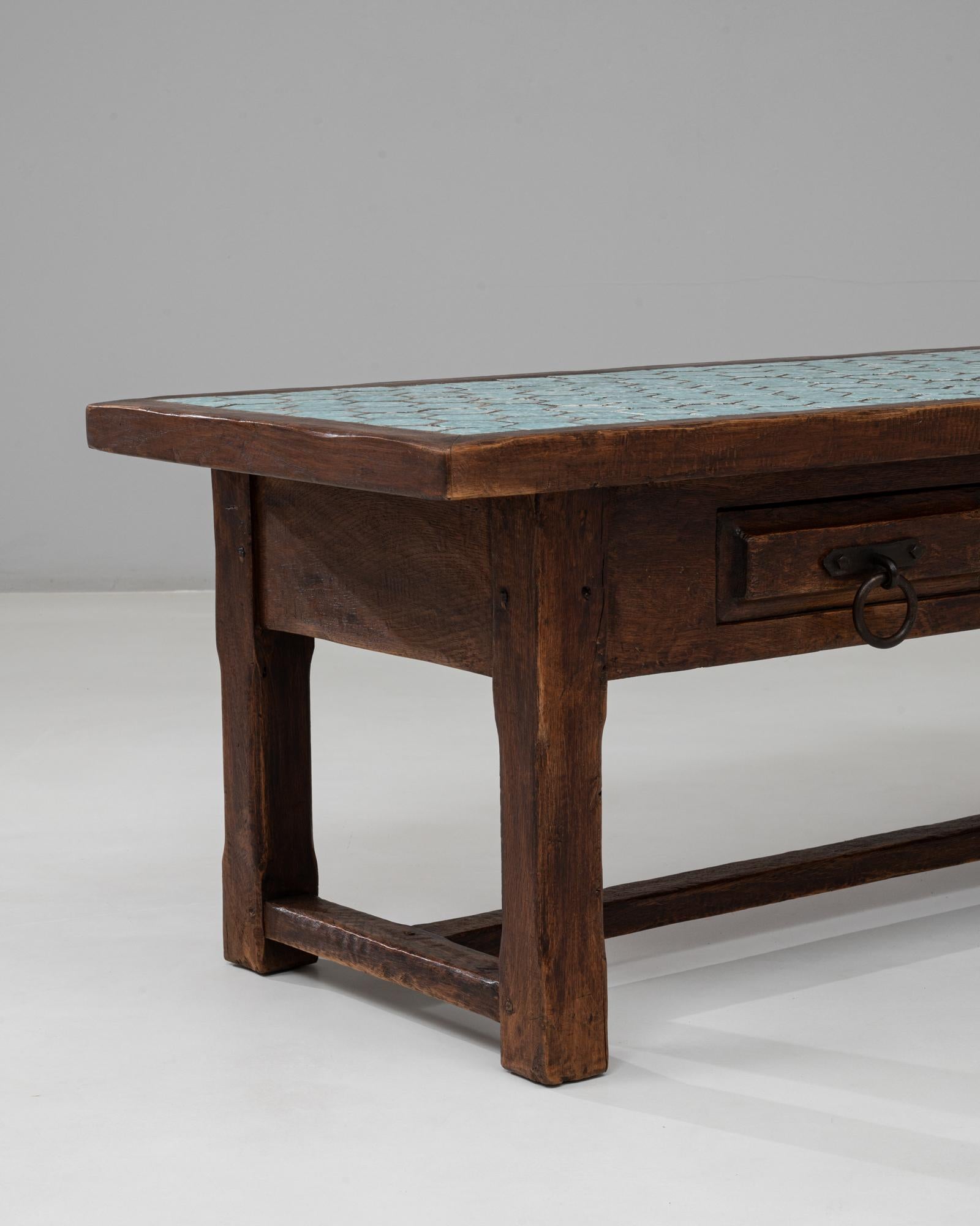 1970s French Wooden Coffee Table With Turquoise Tiled Top For Sale 5
