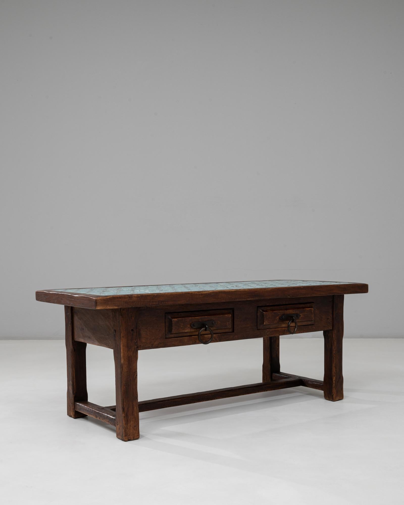 1970s French Wooden Coffee Table With Turquoise Tiled Top For Sale 6