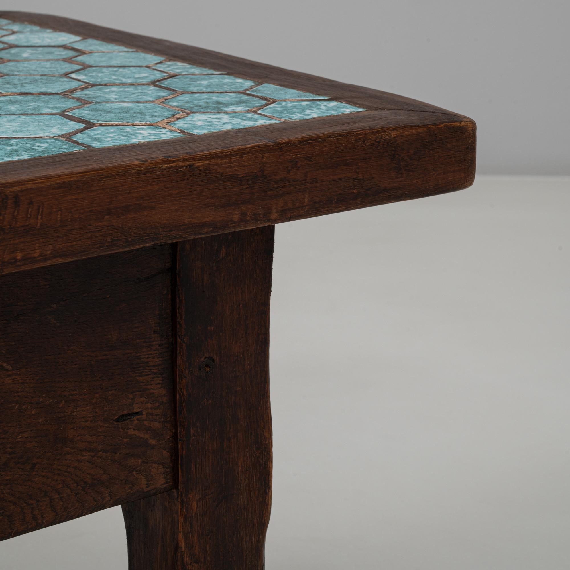 1970s French Wooden Coffee Table With Turquoise Tiled Top For Sale 7