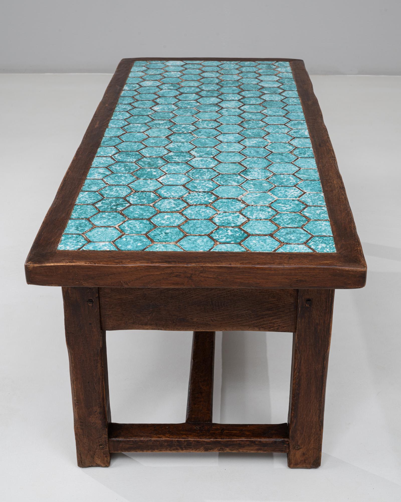 1970s French Wooden Coffee Table With Turquoise Tiled Top For Sale 11