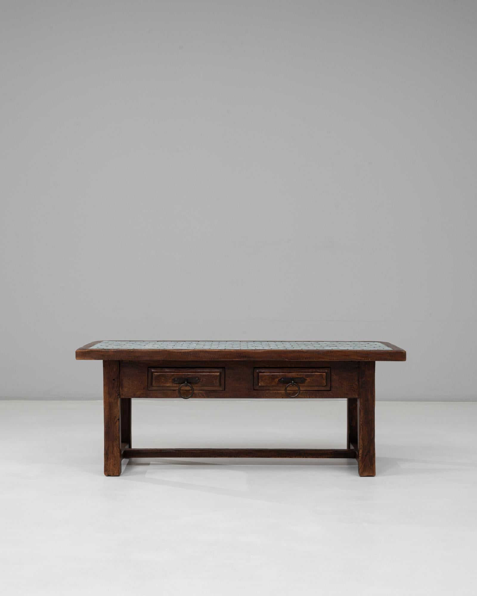 20th Century 1970s French Wooden Coffee Table With Turquoise Tiled Top For Sale