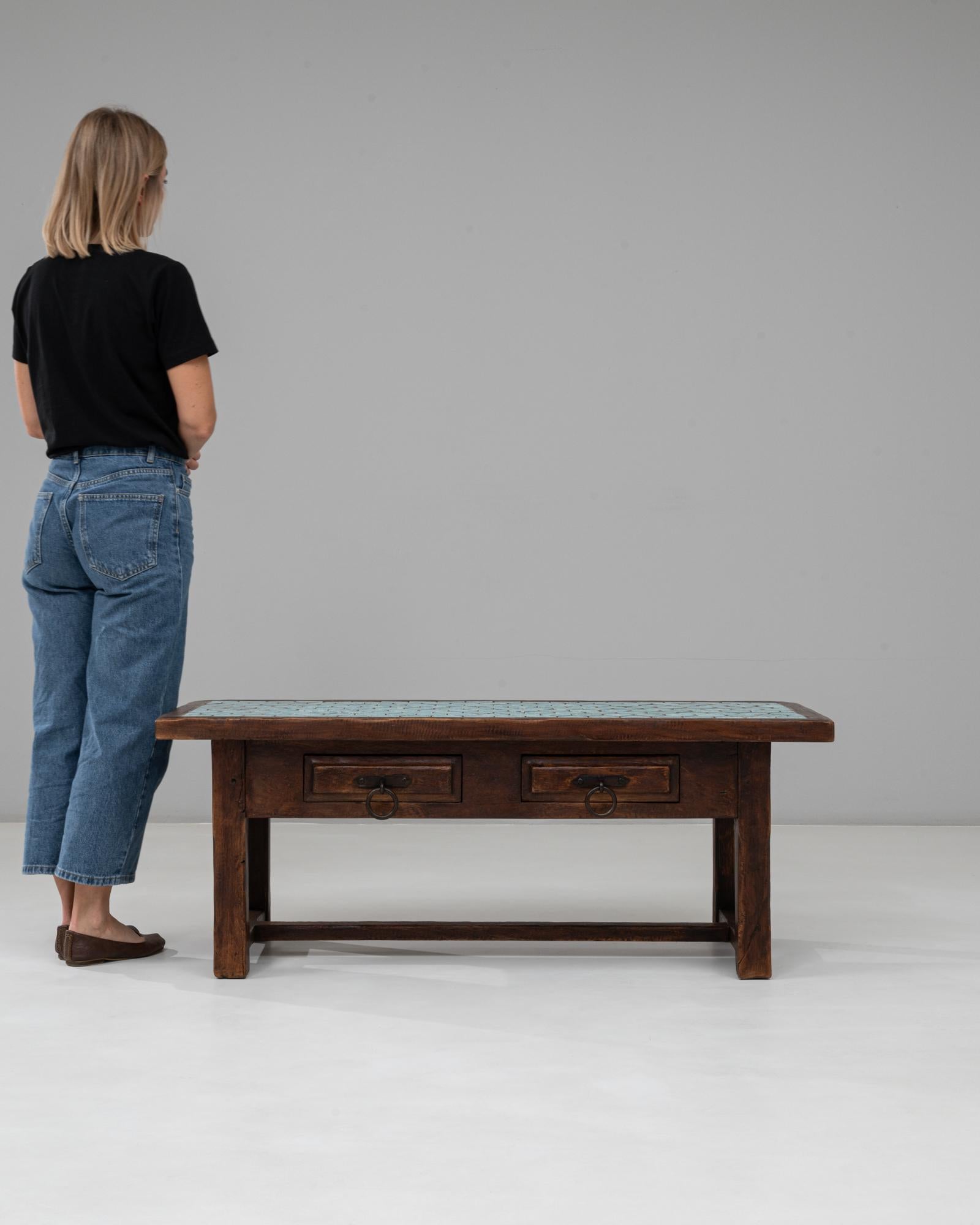 Ceramic 1970s French Wooden Coffee Table With Turquoise Tiled Top For Sale