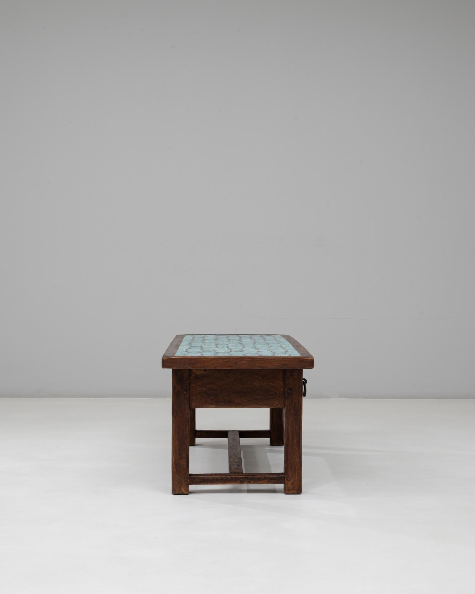 1970s French Wooden Coffee Table With Turquoise Tiled Top For Sale 1