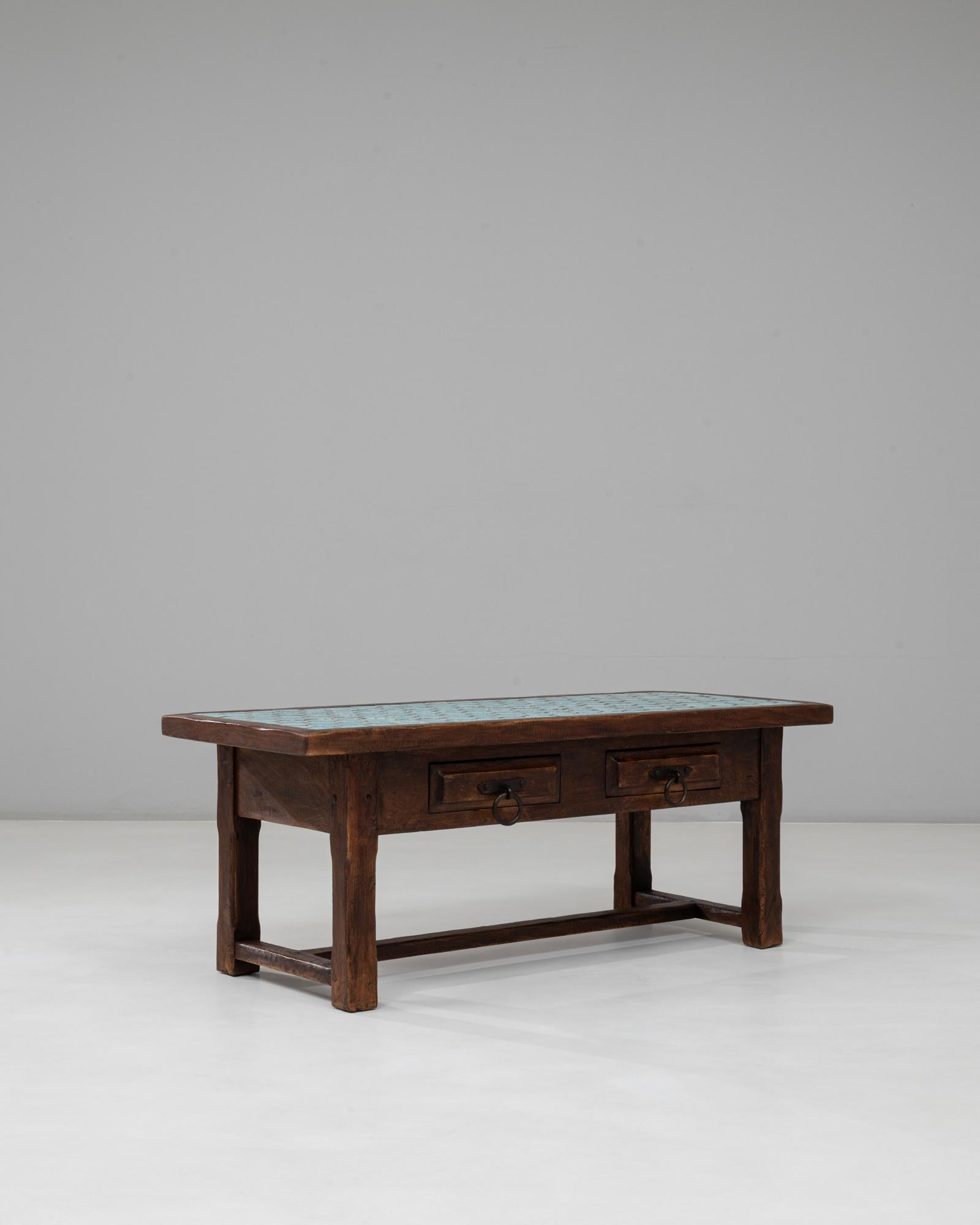 1970s French Wooden Coffee Table With Turquoise Tiled Top For Sale 2