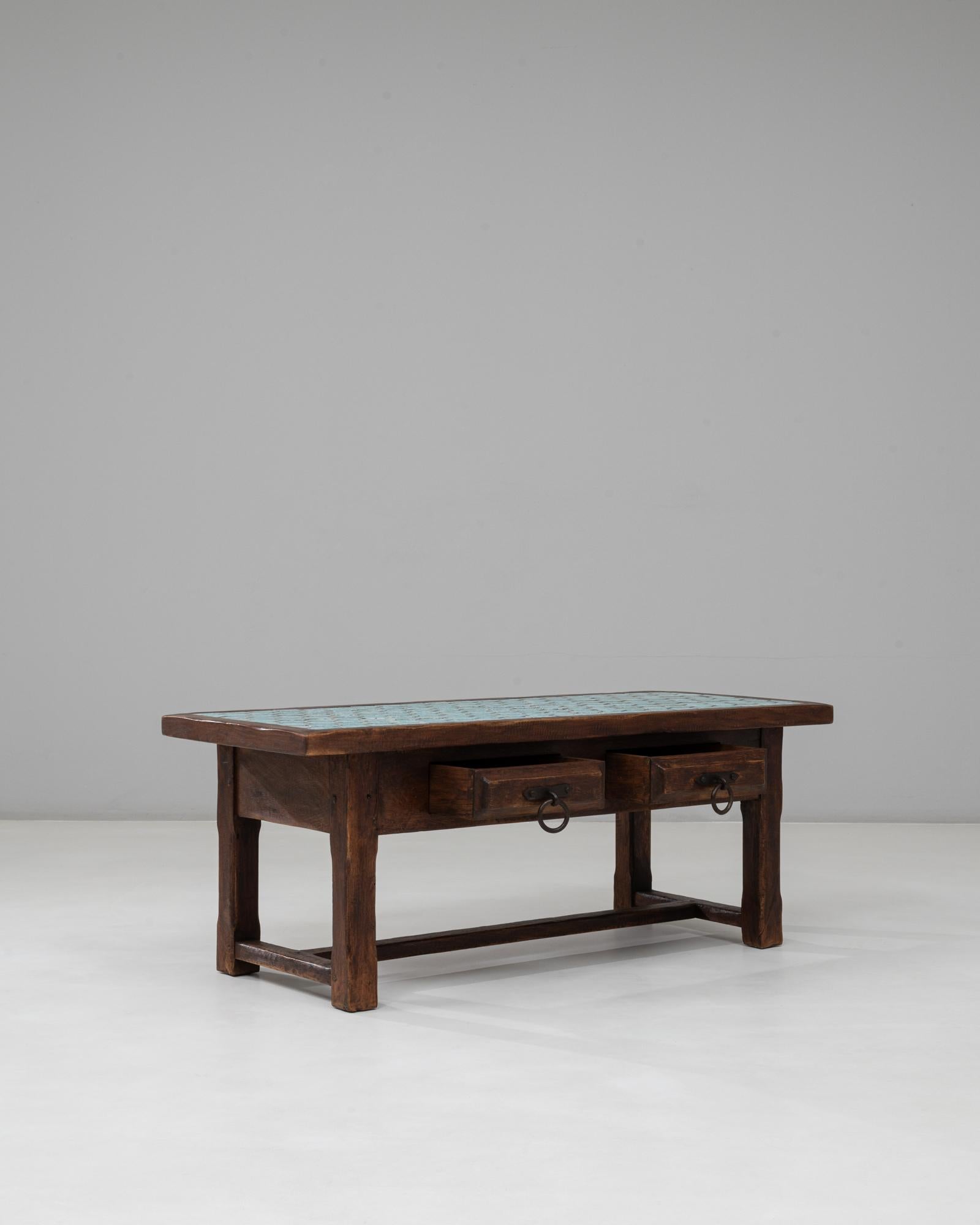 1970s French Wooden Coffee Table With Turquoise Tiled Top For Sale 3