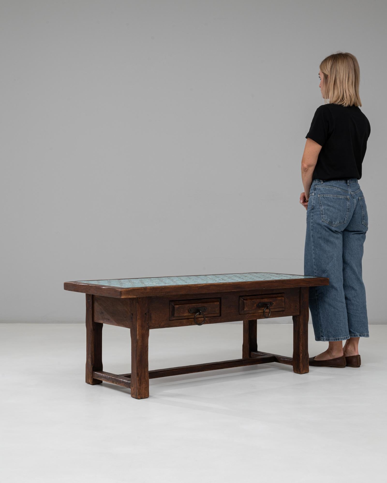 1970s French Wooden Coffee Table With Turquoise Tiled Top For Sale 4