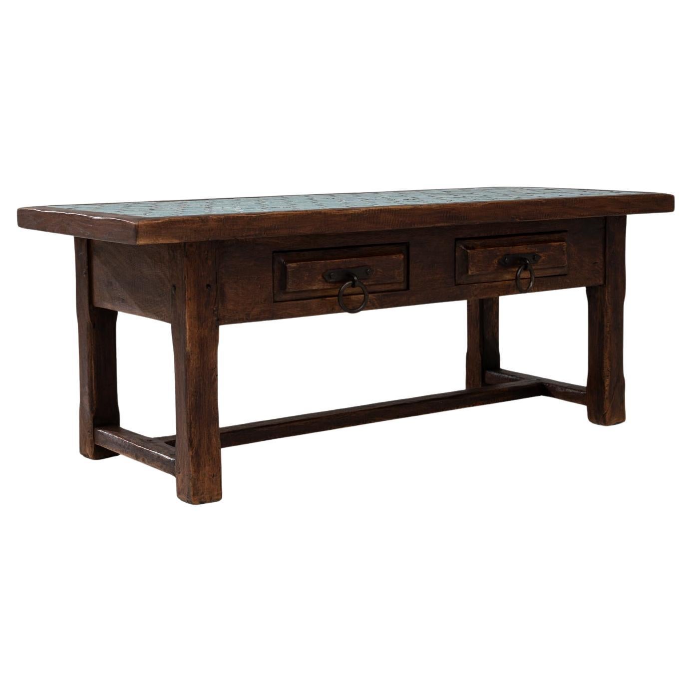 1970s French Wooden Coffee Table With Turquoise Tiled Top For Sale