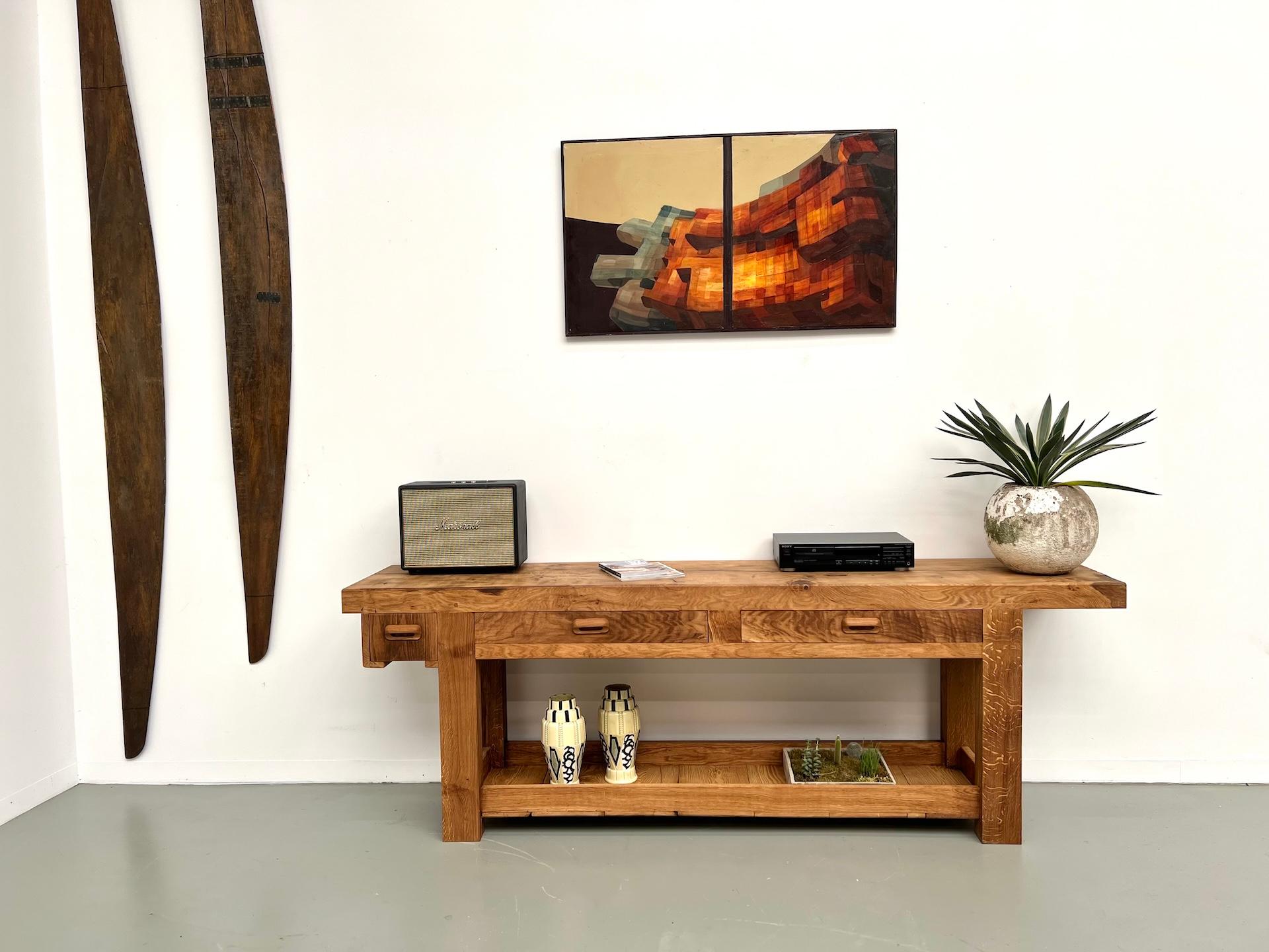 1970s french workbench, reimagined as a striking console im Zustand „Hervorragend“ im Angebot in LYON, FR