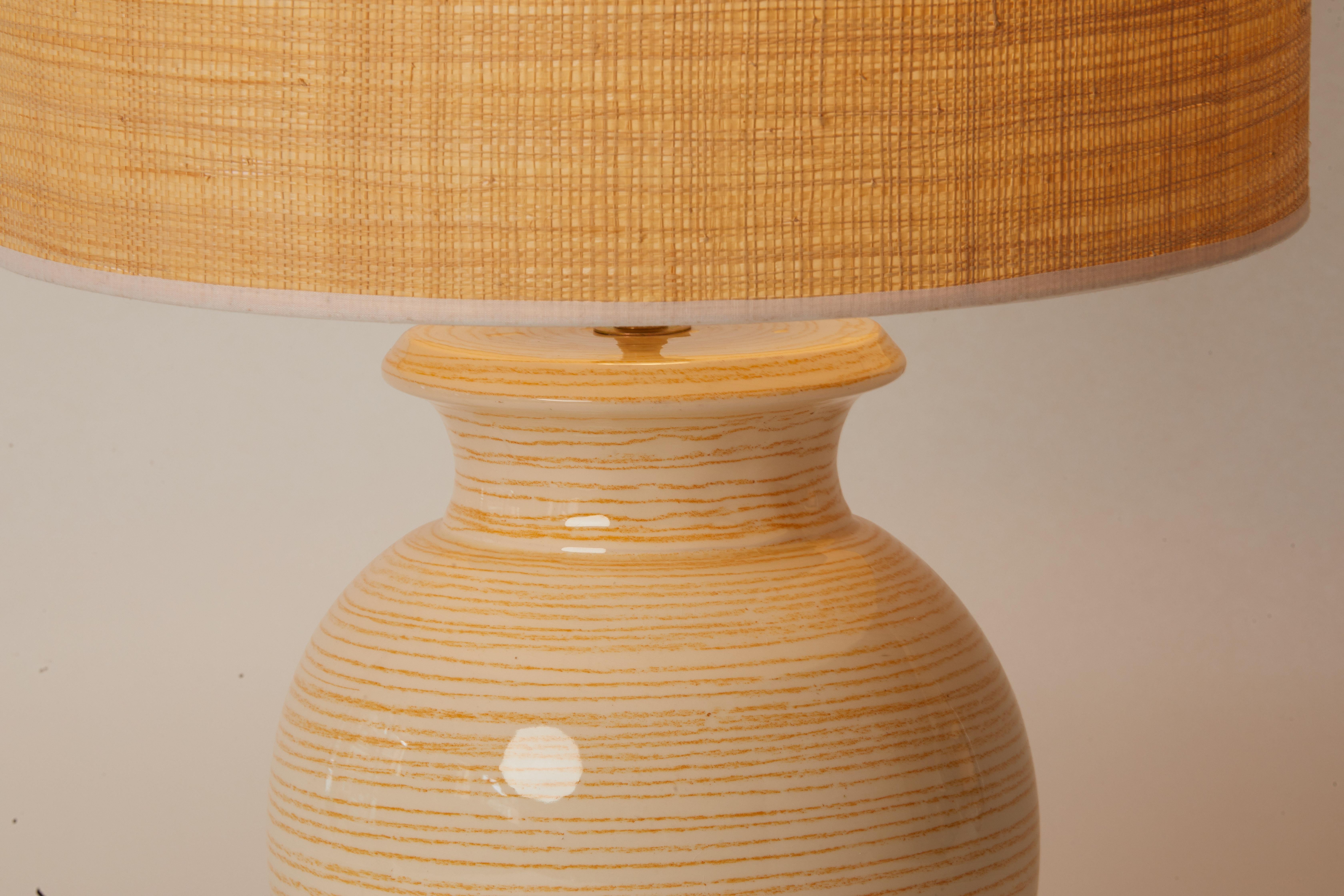 1970s French Yellow/White Striped Pottery Lamp In Good Condition For Sale In Aspen, CO